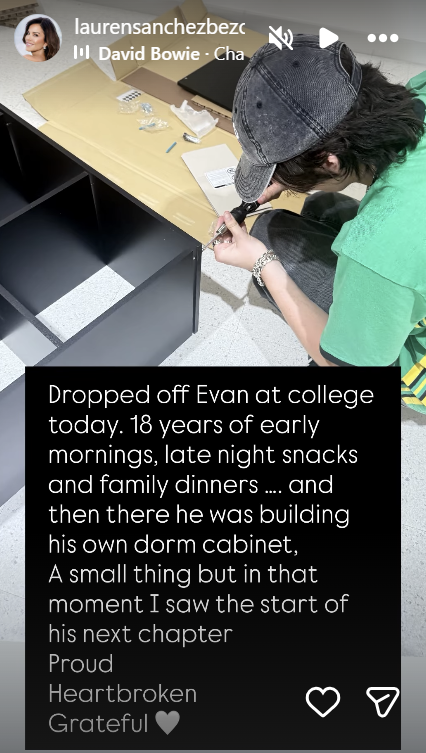Lauren Sánchez's Instagram story about her son, Evan Whitesell, going to college, dated August 11, 2025 | Source: Instagram/laurensanchezbezos