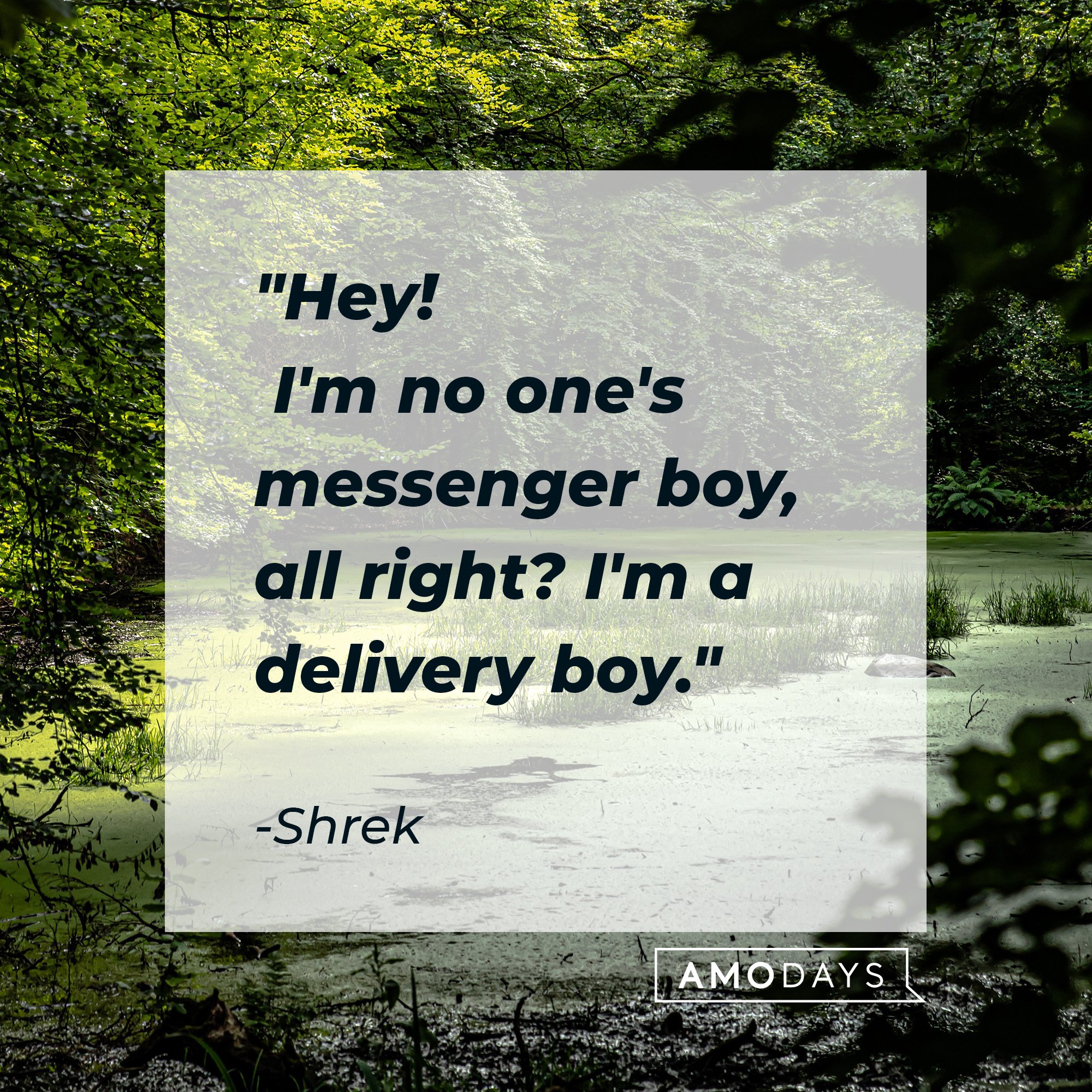 Shrek's quote: "Hey! I'm no one's messenger boy, all right? I'm a delivery boy." | Images: AmoDays