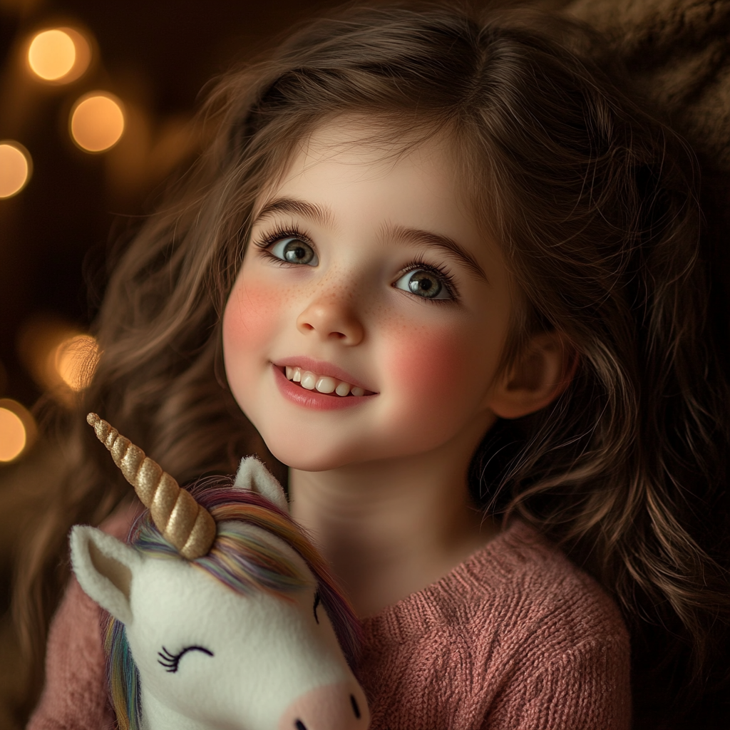 A cheerful little girl holding a stuffed unicorn | Source: Midjourney