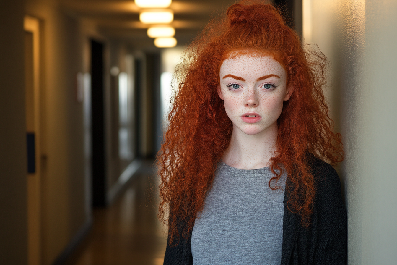 A serious woman standing in a hallway | Source: Midjourney