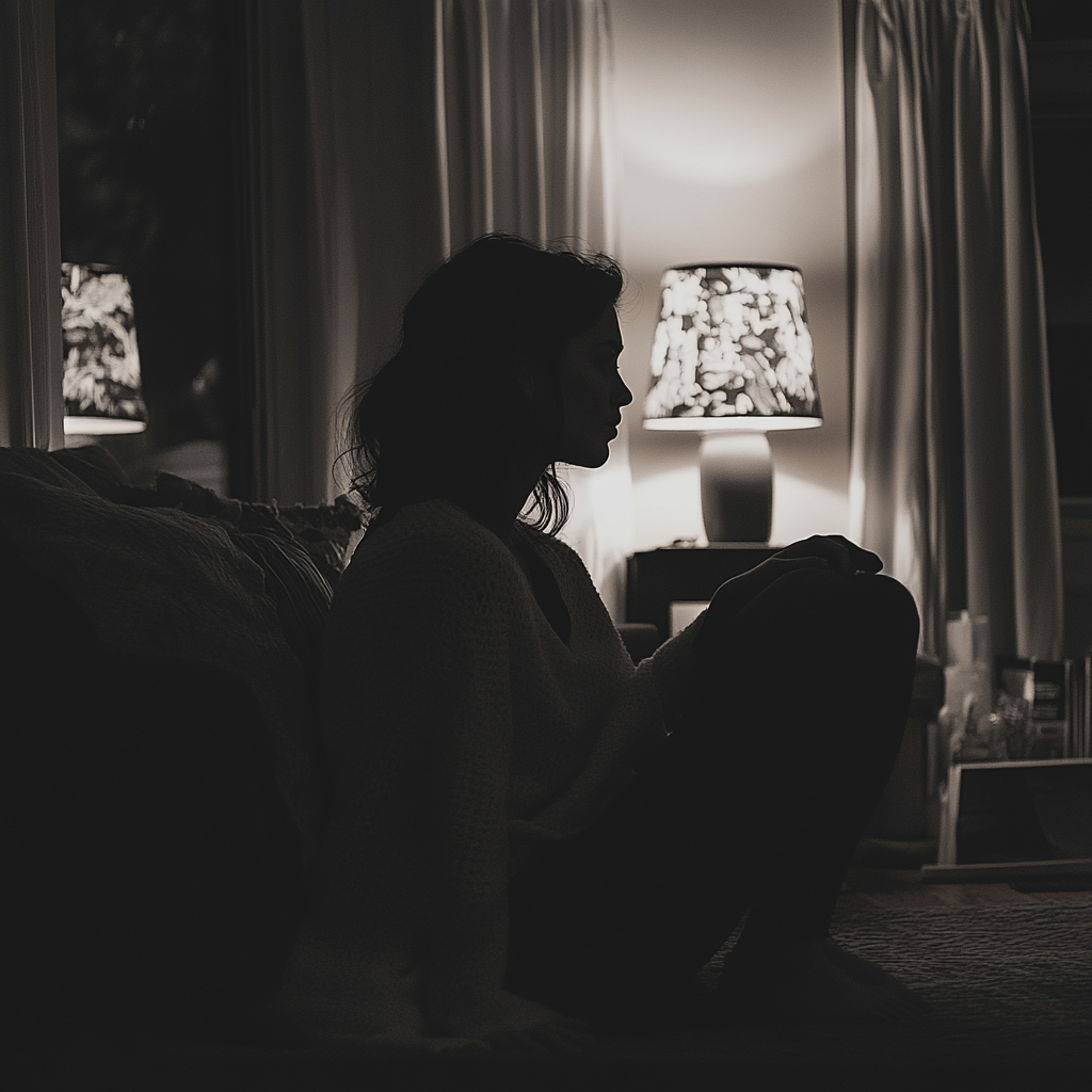 Woman in deep thoughts seated in her living room | Source: Midjourney