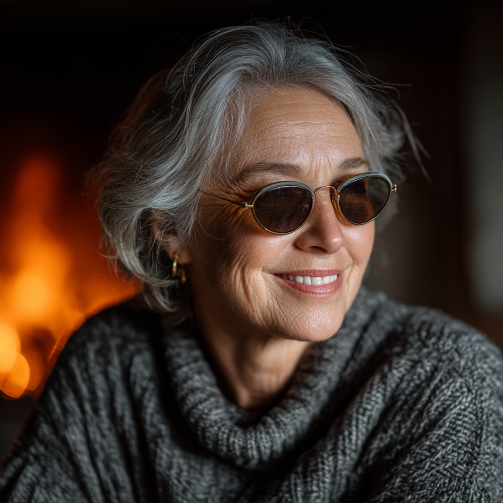 A happy woman sitting in front of a fireplace | Source: Midjourney