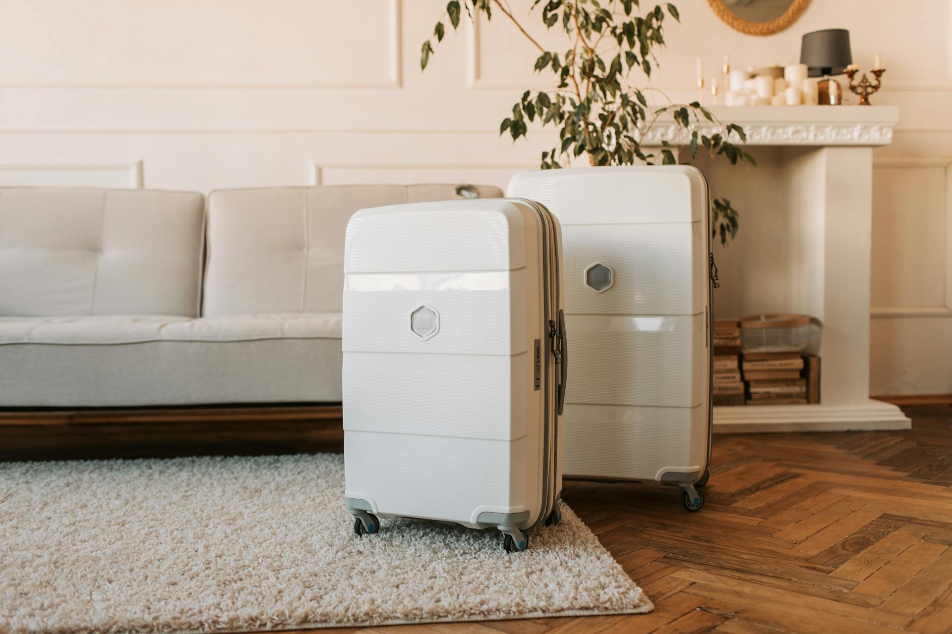 Two gray suitcases lying beside a sofa | Source: Pexels