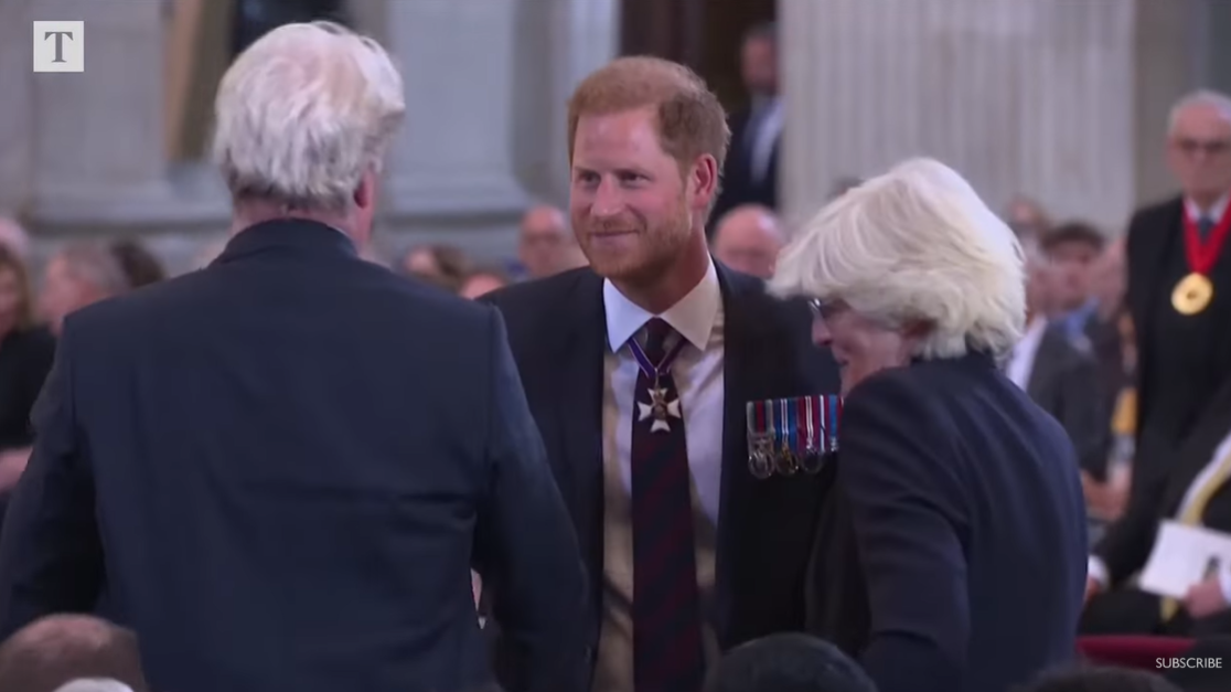Prince Harry meets his uncle, Earl Charles Spencer, and aunt, Lady Jane Fellowes, at St. Paul's Cathedral on May 8, 2024, in London, England. | Source: YouTube/TheTimes