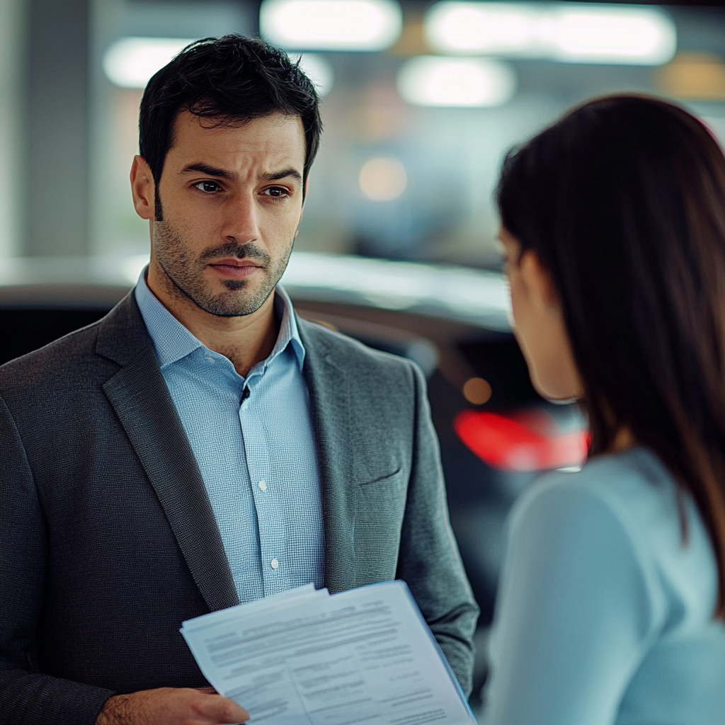 Agent at the car dealership appearing worried | Source: Midjourney