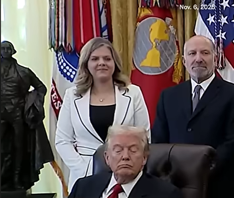 Donald Trump is pictured during a press event in the Oval Office of the White House in Washington, DC, on November 6, 2025 | Source: YouTube/@WashingtonPost
