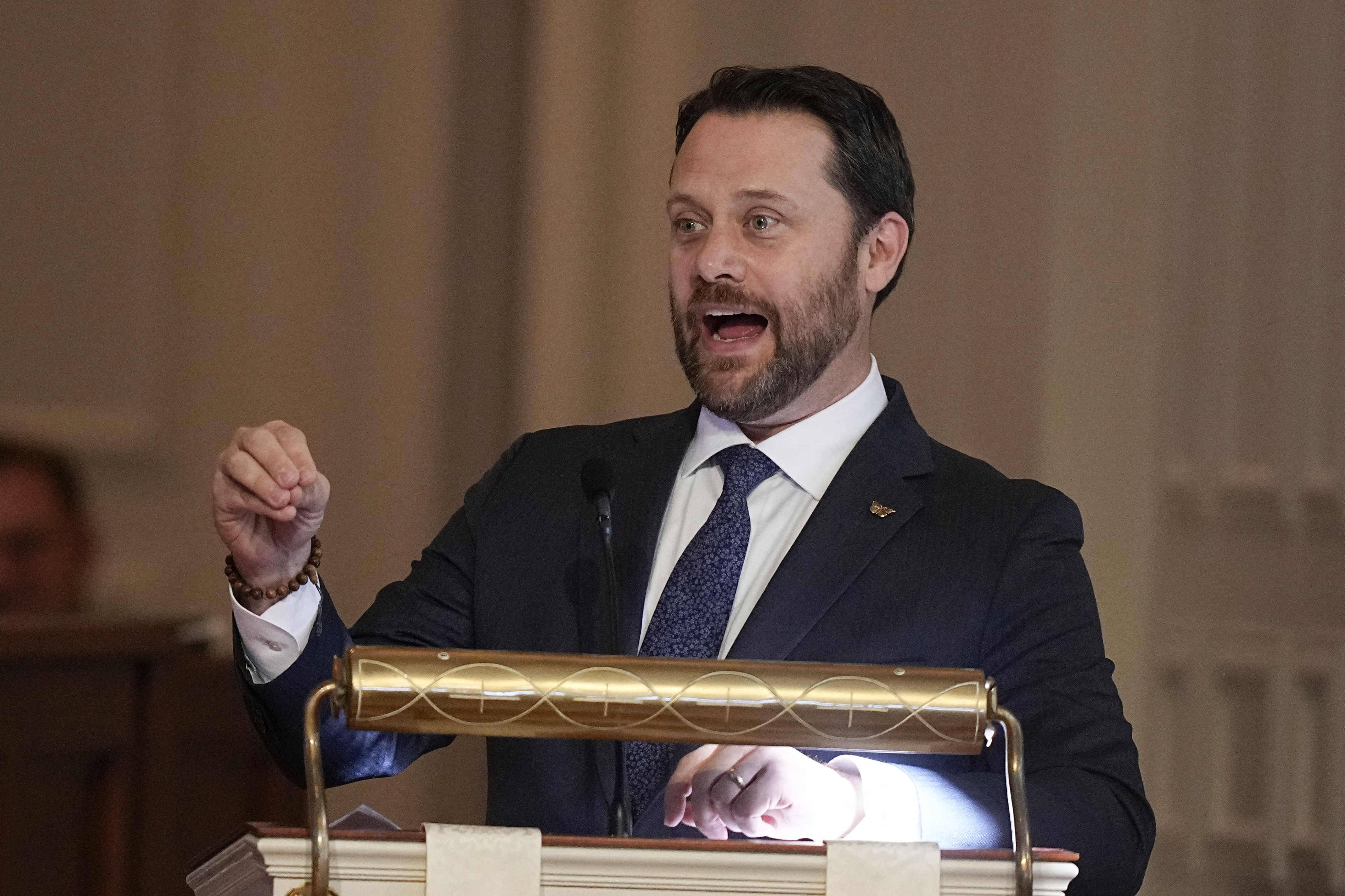 Jason Carter speaking at the tribute service for the late former First Lady of the U.S. Rosalynn Carter in Atlanta, Georgia on November 28, 2023 | Source: Getty Images