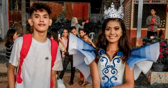 Brother stands next to his sister as she wears the stunning blue prom dress he made her from scratch | Photo: Facebook/melvinmaverick.oyao