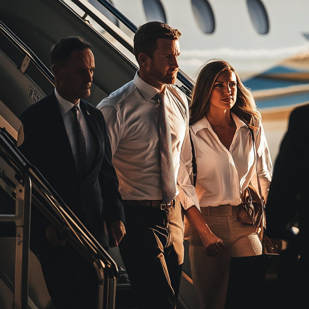 The boys parents are escorted by security off the plane. | Source: Midjourney