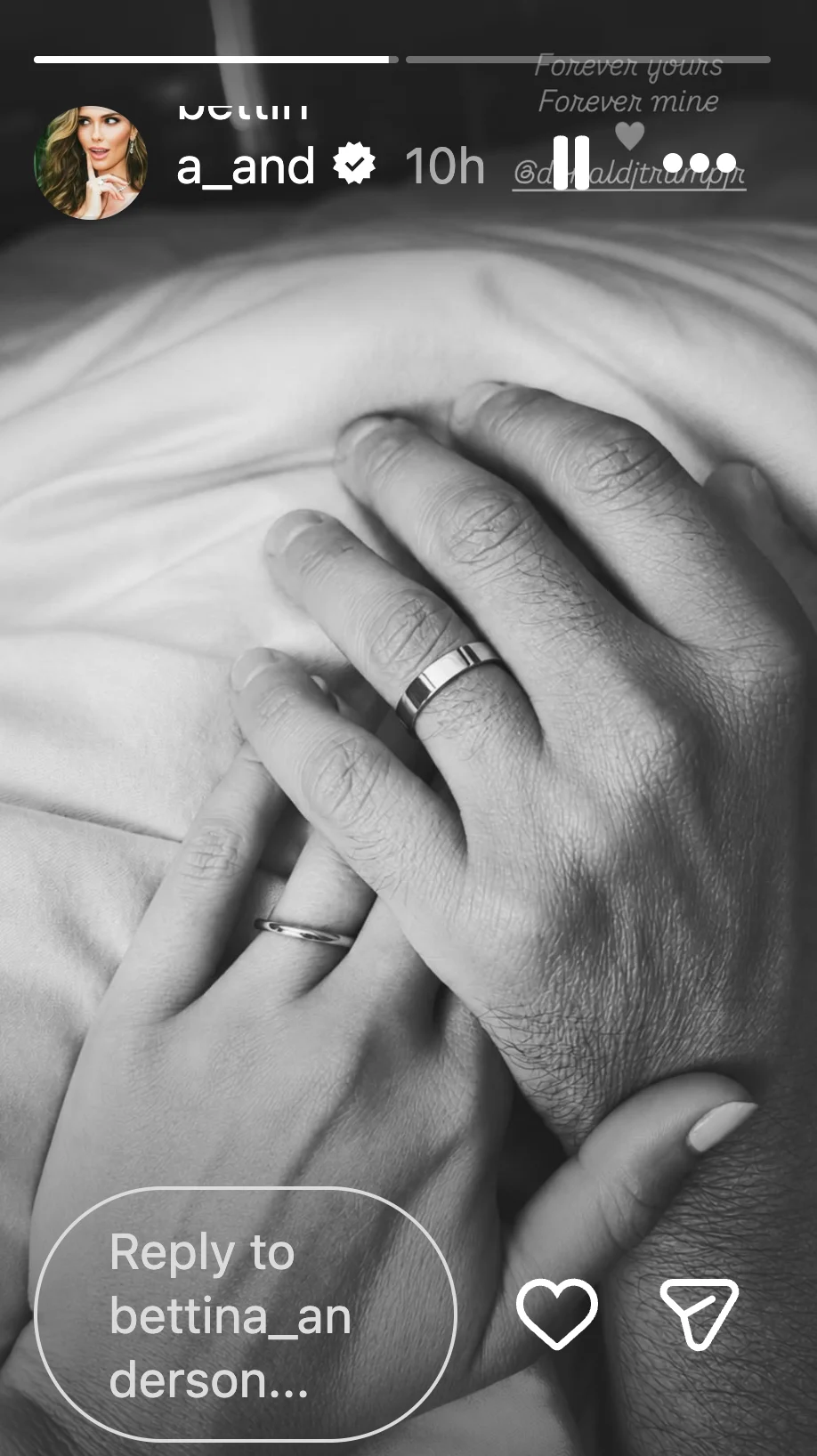 Bettina Anderson and Donald Trump Jr's hands | Source: Instagram/Bettinaanderson