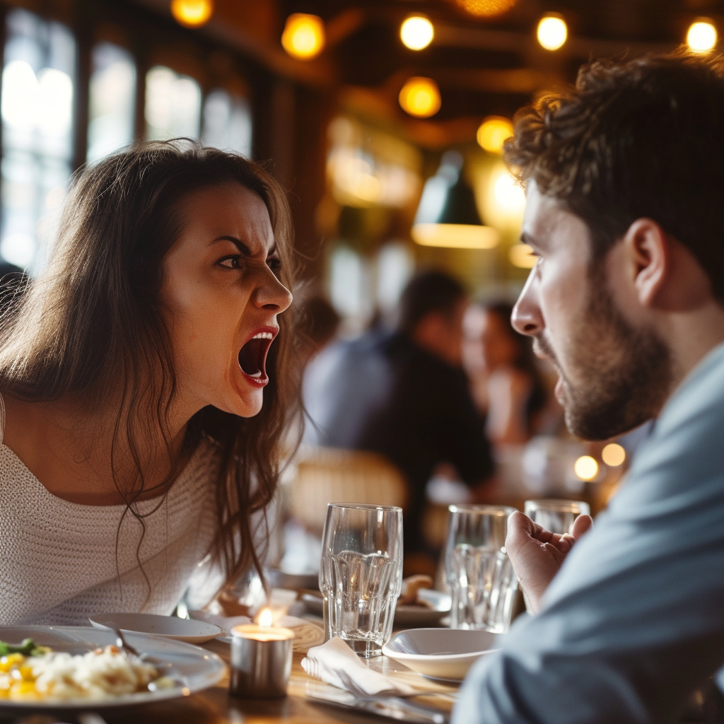 A couple arguing on a dinner date