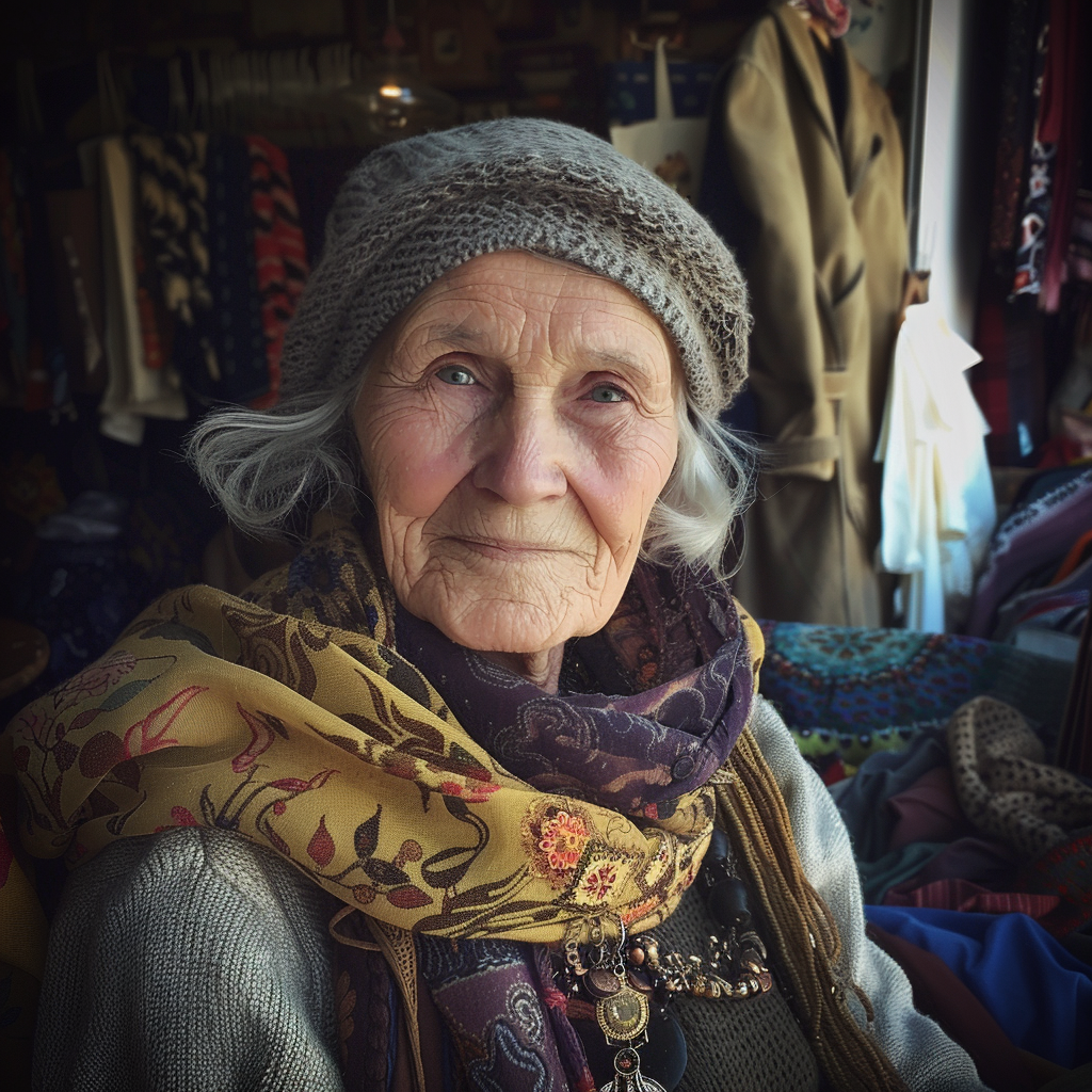 An old woman in a clothing stall | Source: Midjourney