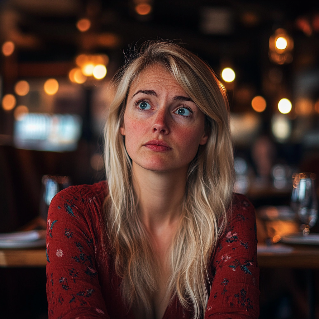 A sad and surprised woman looking at someone while sitting in an upscale restaurant | Source: Midjourney