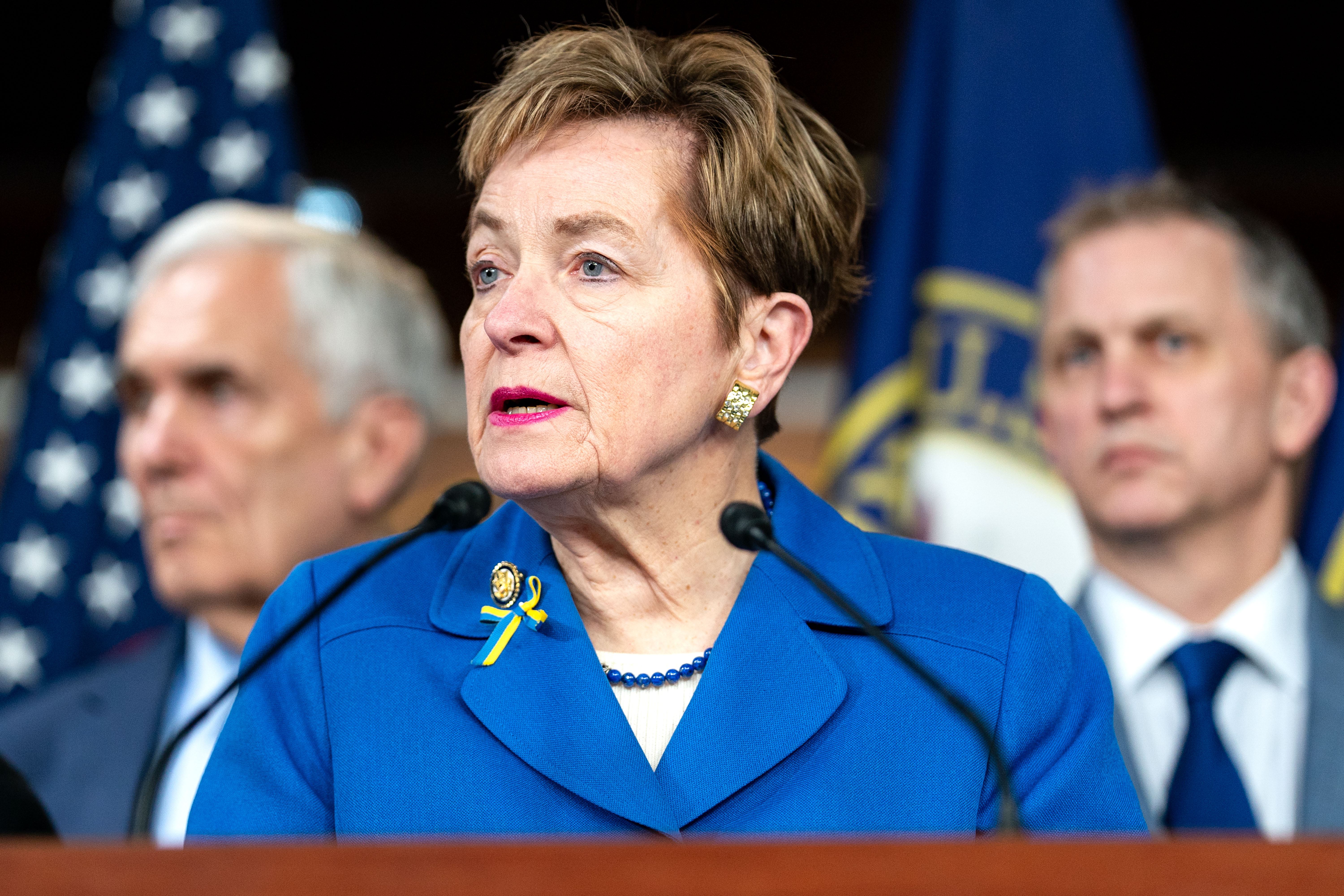 Kaptur leads a news conference for the Congressional Ukraine Caucus at the Capitol on February 24, 2025, just one day after the anniversary of the Russian invasion. The experienced lawmaker was a key voice on foreign policy long before her 2026 crash. | Source: Getty Images