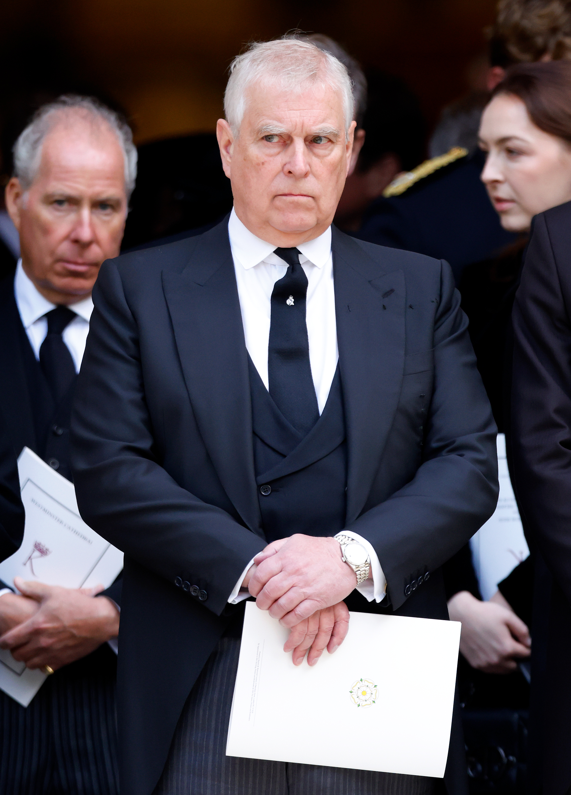 Andrew Mountbatten-Windsor at Katharine, Duchess of Kent's Requiem Mass service at Westminster Cathedral on September 16, 2025, in London, England. | Source: Getty Images