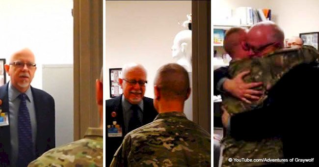 Soldier returns home early from deployment and father breaks down when he surprises him at work