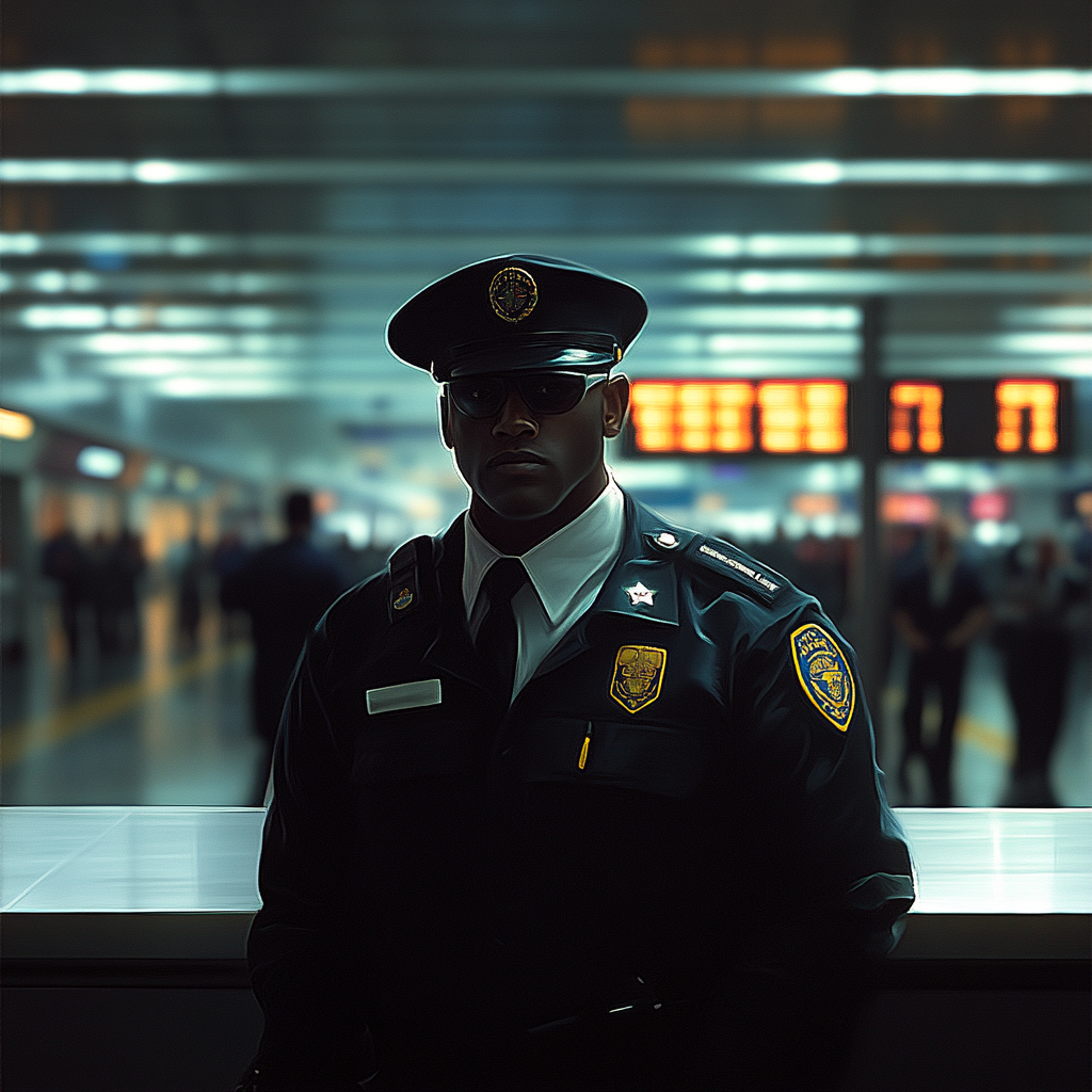 A stern airport security officer | Source: Midjourney