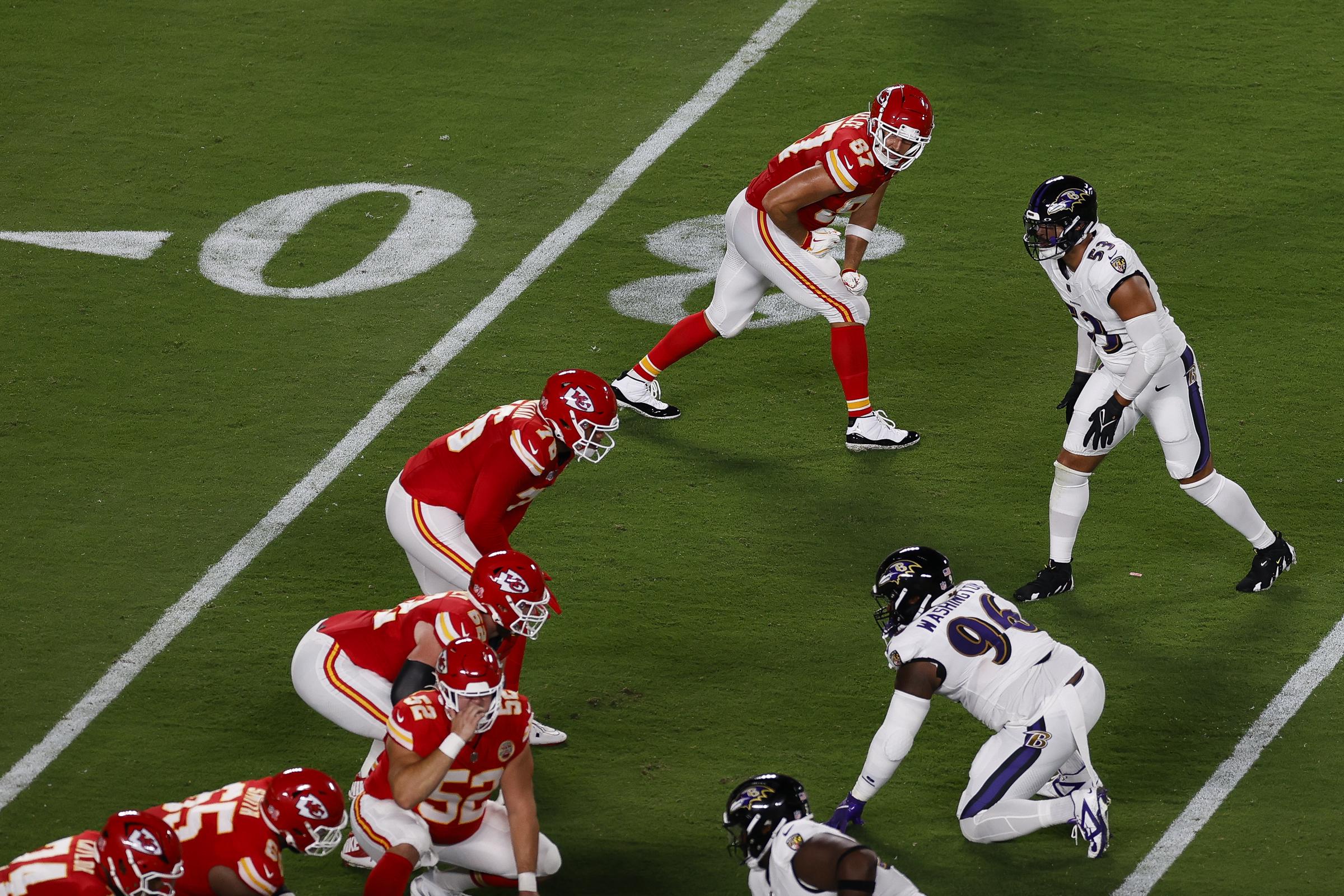 Travis Kelce playing alongside fellow Kansas City Chief teammates against the Baltimore Ravens in Kansas City, Missouri on September 5, 2024 | Source: Getty Images