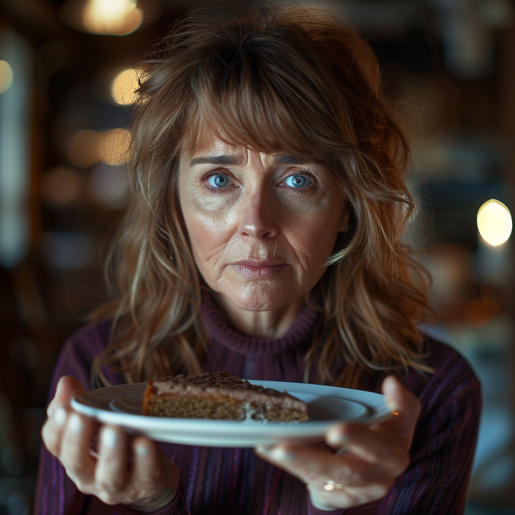 Teary-eyed woman holding a plate of cake | Source: Midjourney