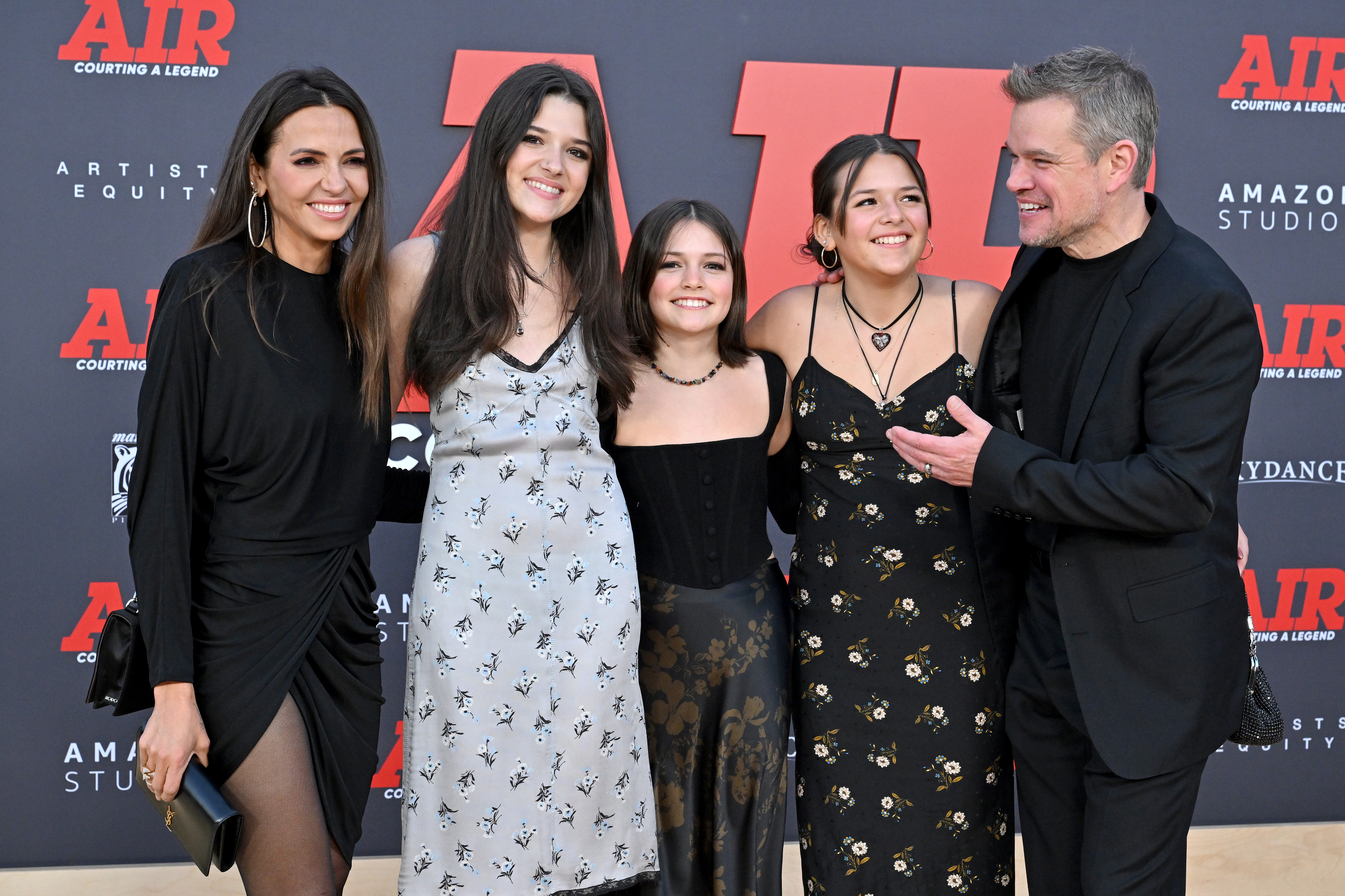 Luciana, and Alexia Barroso, Stella, Isabella, and Matt Damon attend the Amazon Studios' World Premiere of "AIR" at Regency Village Theatre on March 27, 2023 in Los Angeles, California | Source: Getty Images