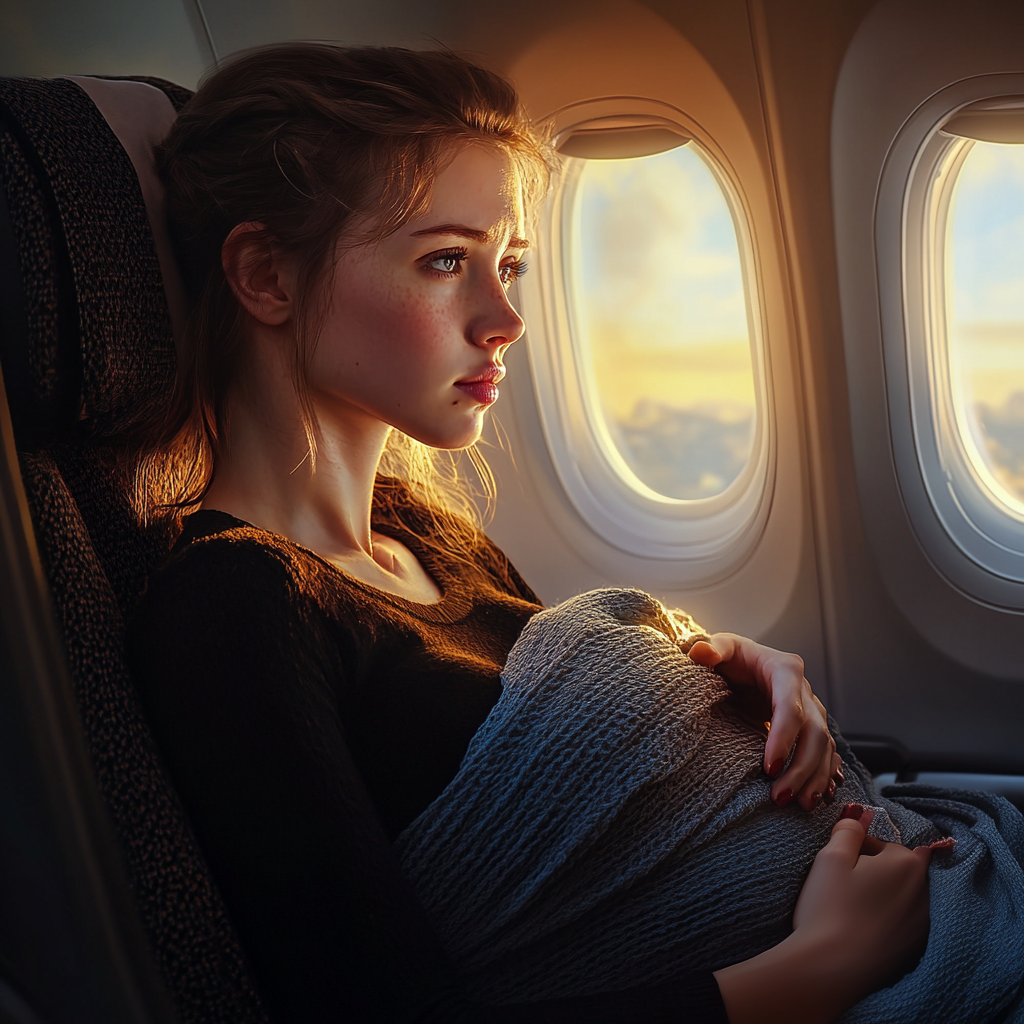 A pregnant woman wrapped in a blue blanket seated in an airplane | Source: Midjourney