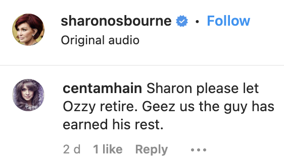 A comment left under Sharon Osbourne's March 2023 Instagram post | Source: instagram.com/sharonosbourne/ 