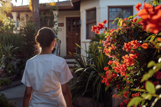 A young nurse outside a house | Source: 