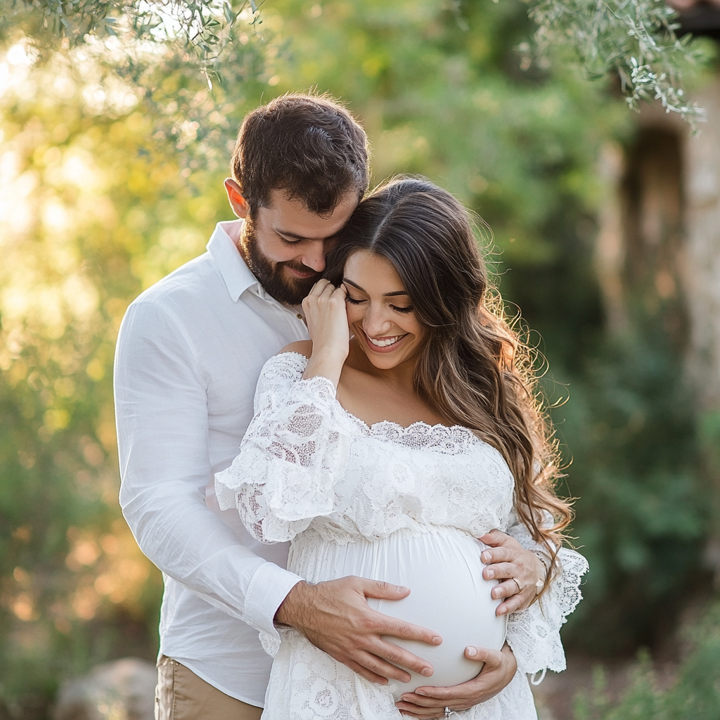 A pregnant woman and her husband hugging her from behind | Source: Midjourney