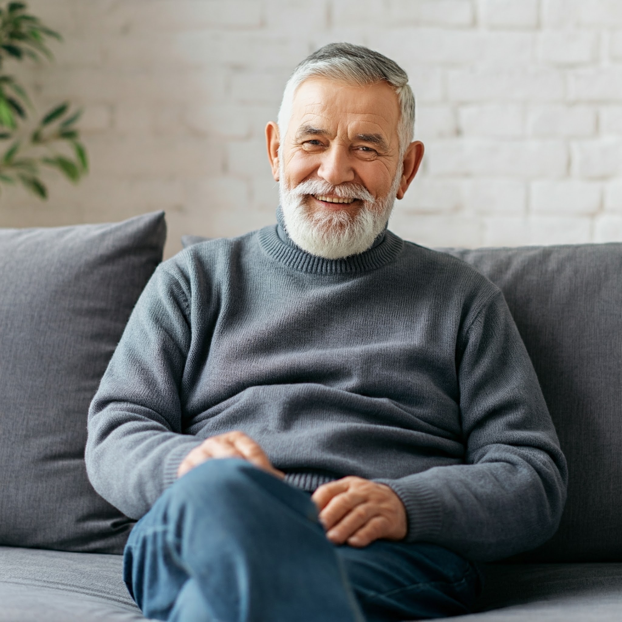 A grandpa smiling on a sofa | Source: Gemini