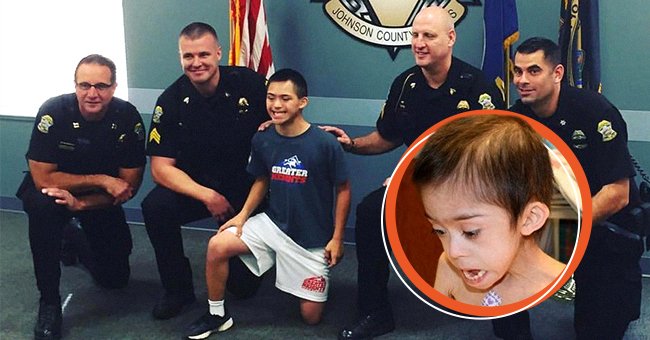 A picture of Giovanni (Govi) Eastwood posing with the officers who saved his life with another overlayed picture of him at 6 years old, when he was rescued.┃Source: facebook.com/JOCOSheriff twitter.com/InsideEdition