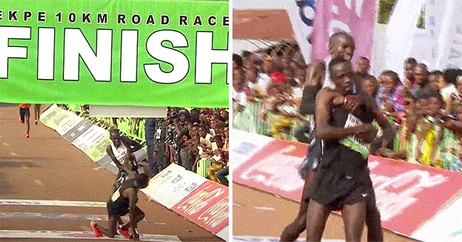 Kenyan athlete Simon Cheprot helping fellow sportsman Kenneth Kipkemoi cross the finish line of the Okpekpe Road Race. │Source: youtube.com/okpekpe Road Race