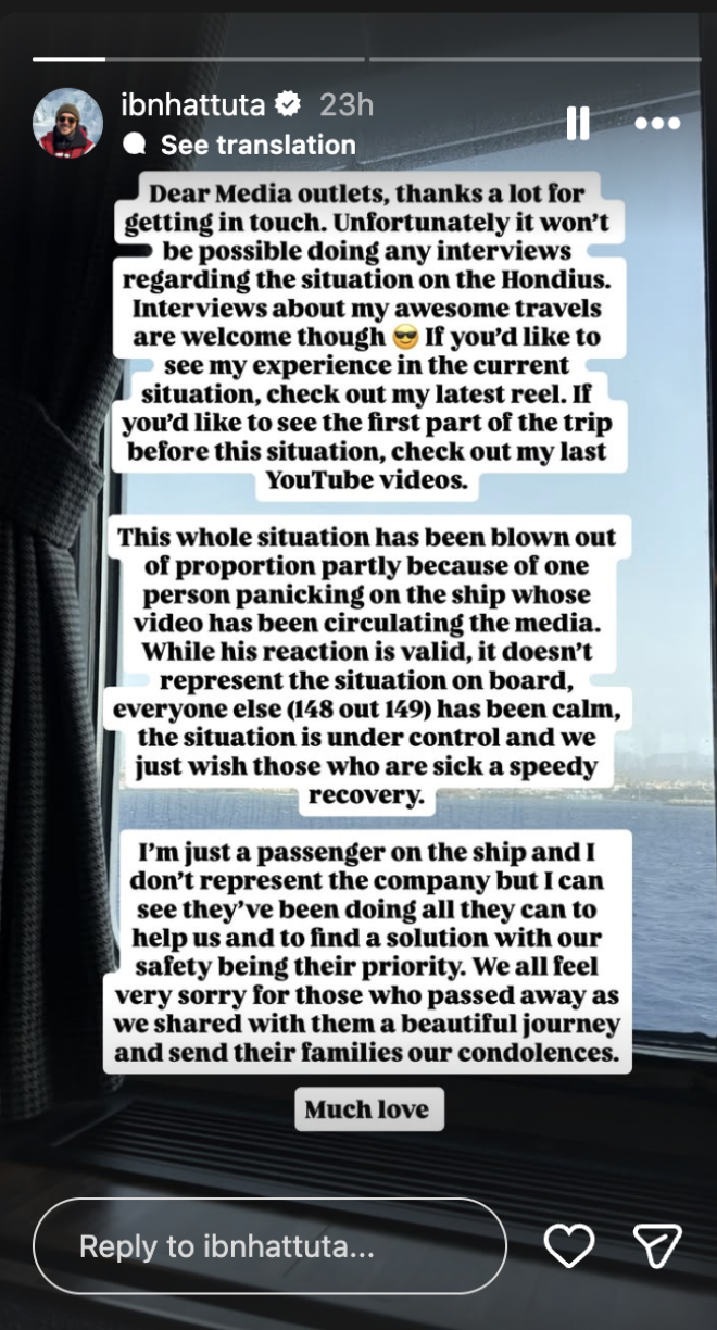 Message shared on IG stories of one of the passenger’s aboard the doomed ship | Source: Instagram/stories/ibnhattuta