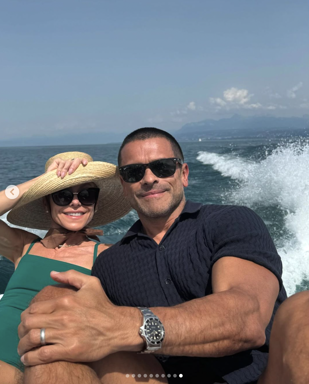 Kelly Ripa and Mark Consuelos on a boat during their Switzerland trip, as seen in a post dated June 30, 2024 | Source: Instagram/instasuelos