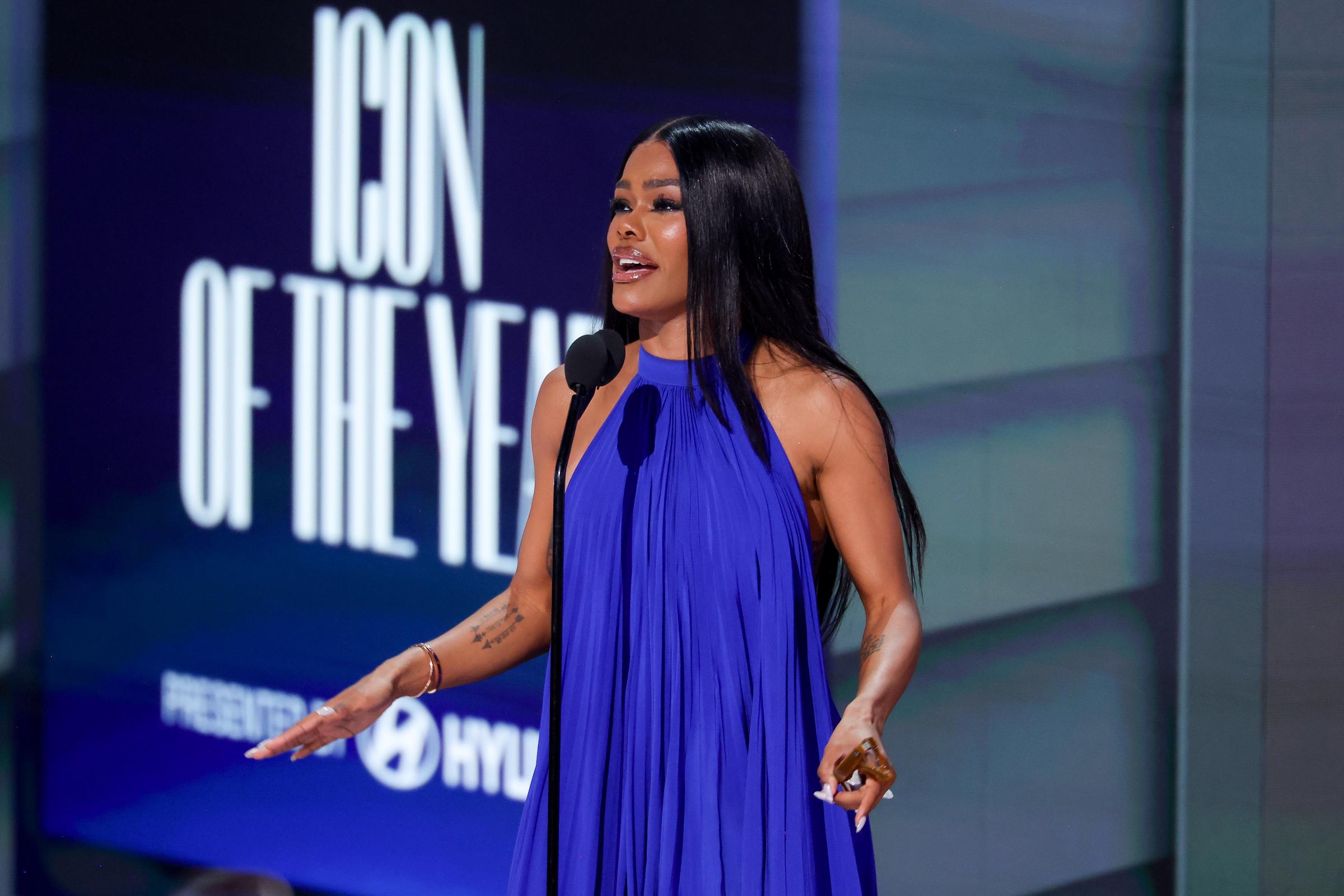 Taylor addressed the audience as the BET Awards' 2026 Icon of the Year, reflecting on the journey that led to the honor. She told the crowd she accepted the recognition with gratitude after spending 20 years building her career across music, film, and other creative fields. | Source: Getty Images