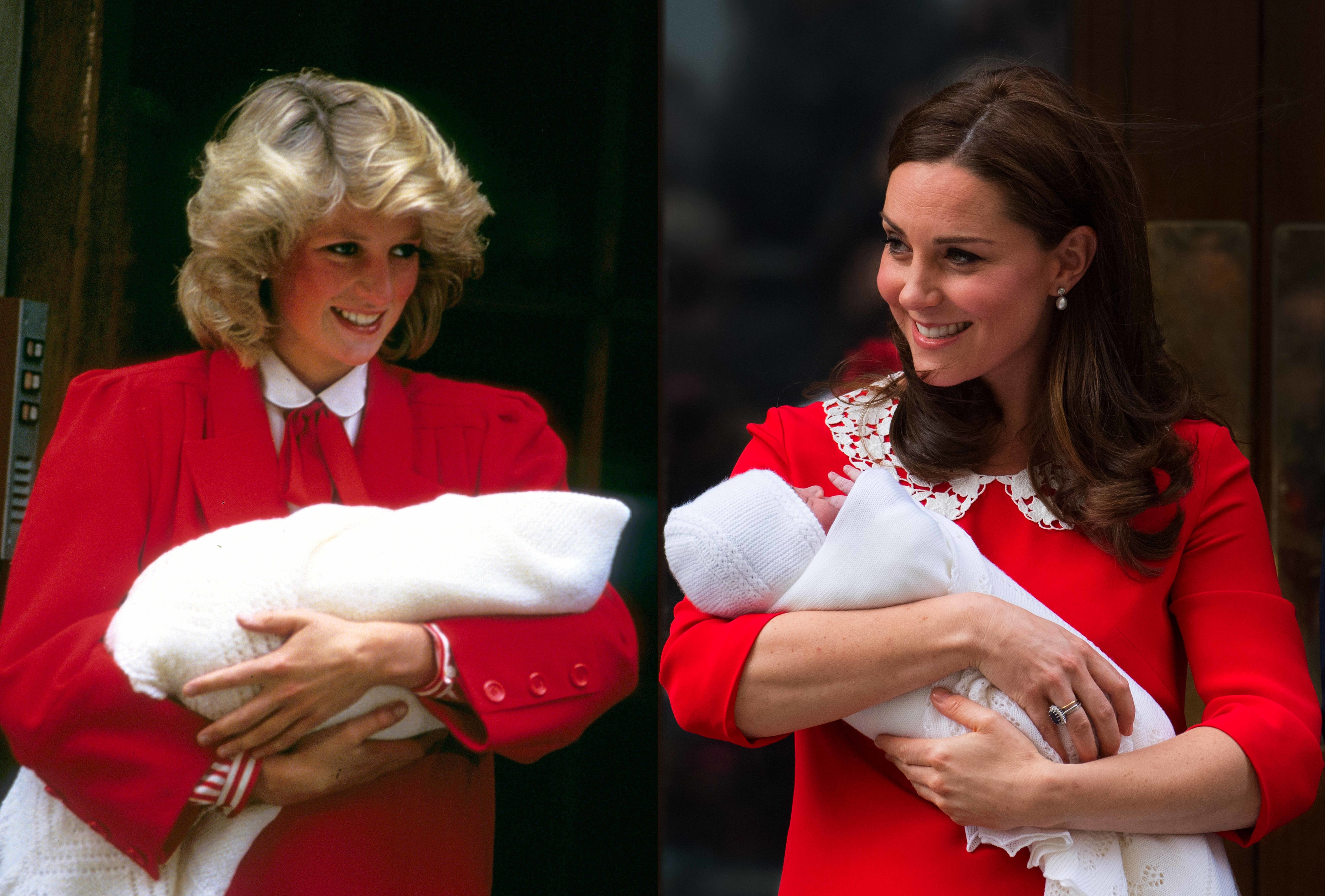 Princesa Diana con Harry en brazos en Londres en septiembre de 1984 / Duquesa Kate con Louis en brazos en abril de 2018. | Foto: Getty Images