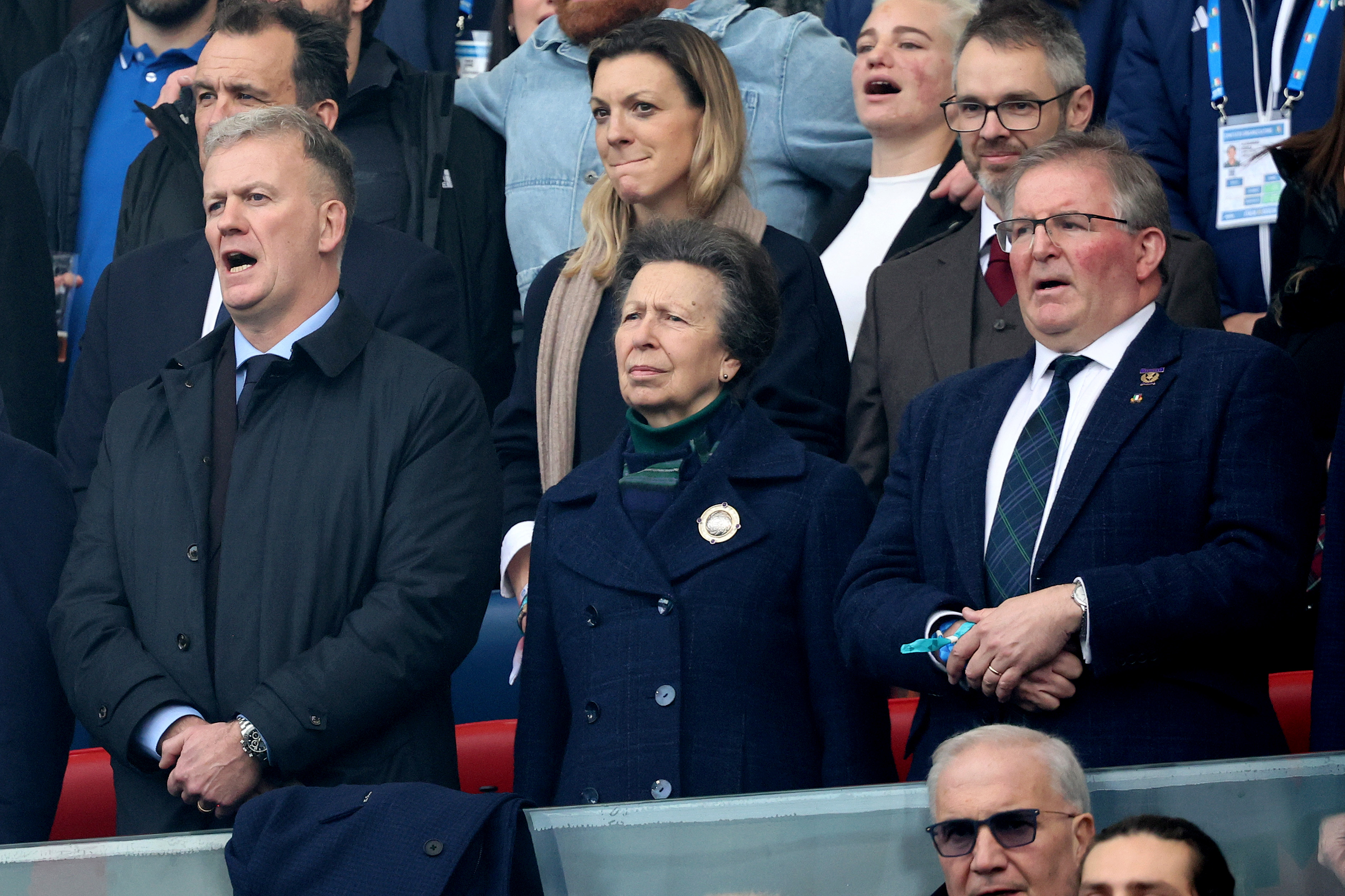 Princess Anne, Princess Royal (C) attends the Guinness Six Nations 2026 match between Italy and Scotland at Stadio Olimpico on 7 February 2026 in Rome, Italy. | Source: Getty Images