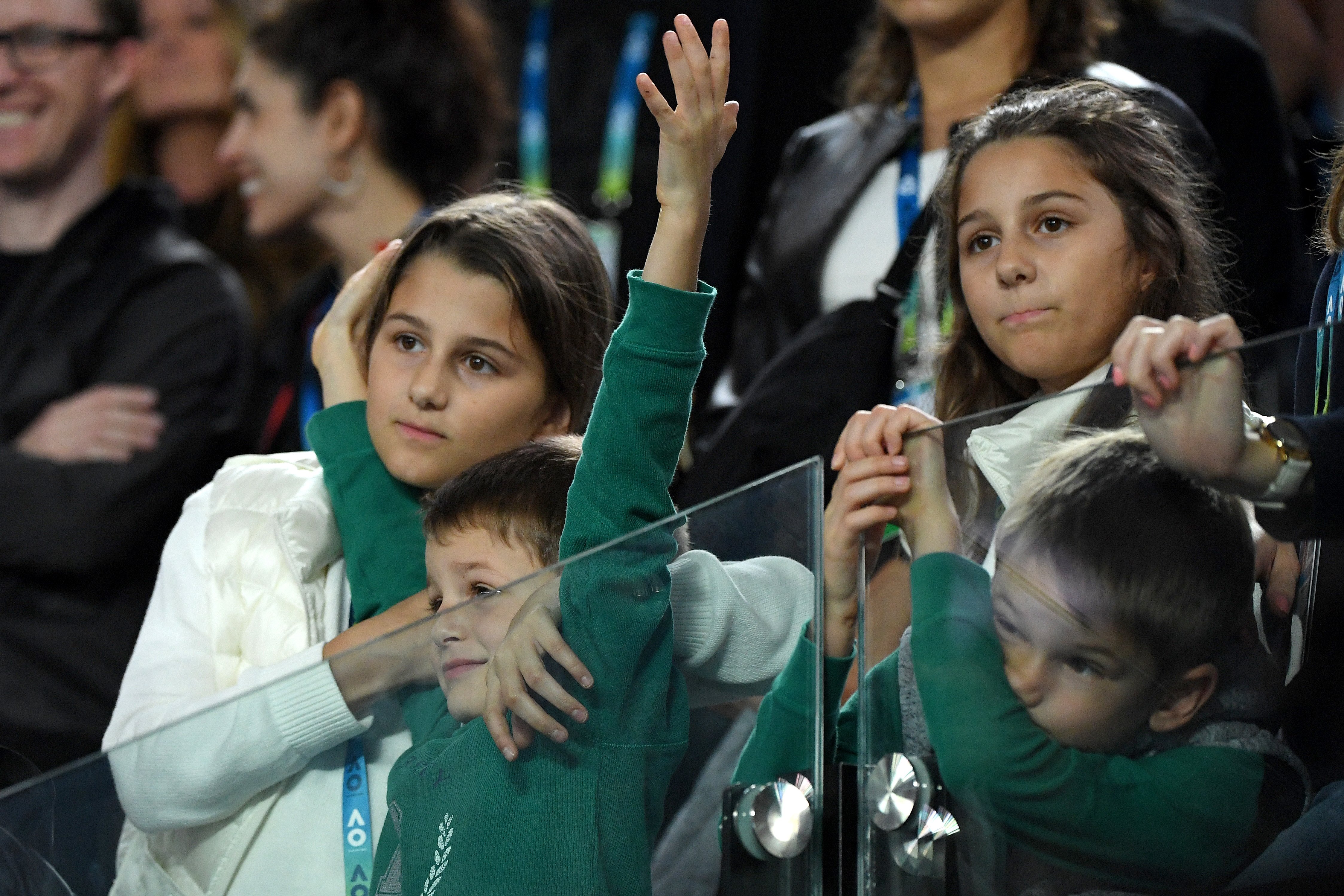 Charlene Riva, Myla Rose, Lenny, and Leo Federer at their father Roger Federer's match against Steve Johnson of the United States of America at the 2020 Australian Open on January 20, 2020, in Melbourne, Australia. | Source: Getty Images