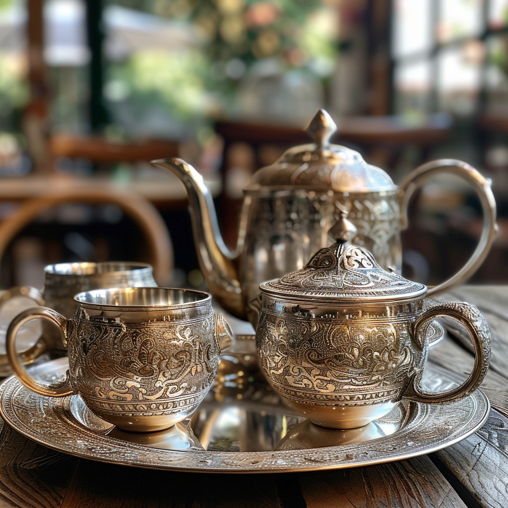 Silver tea set on the table | Source: Midjourney