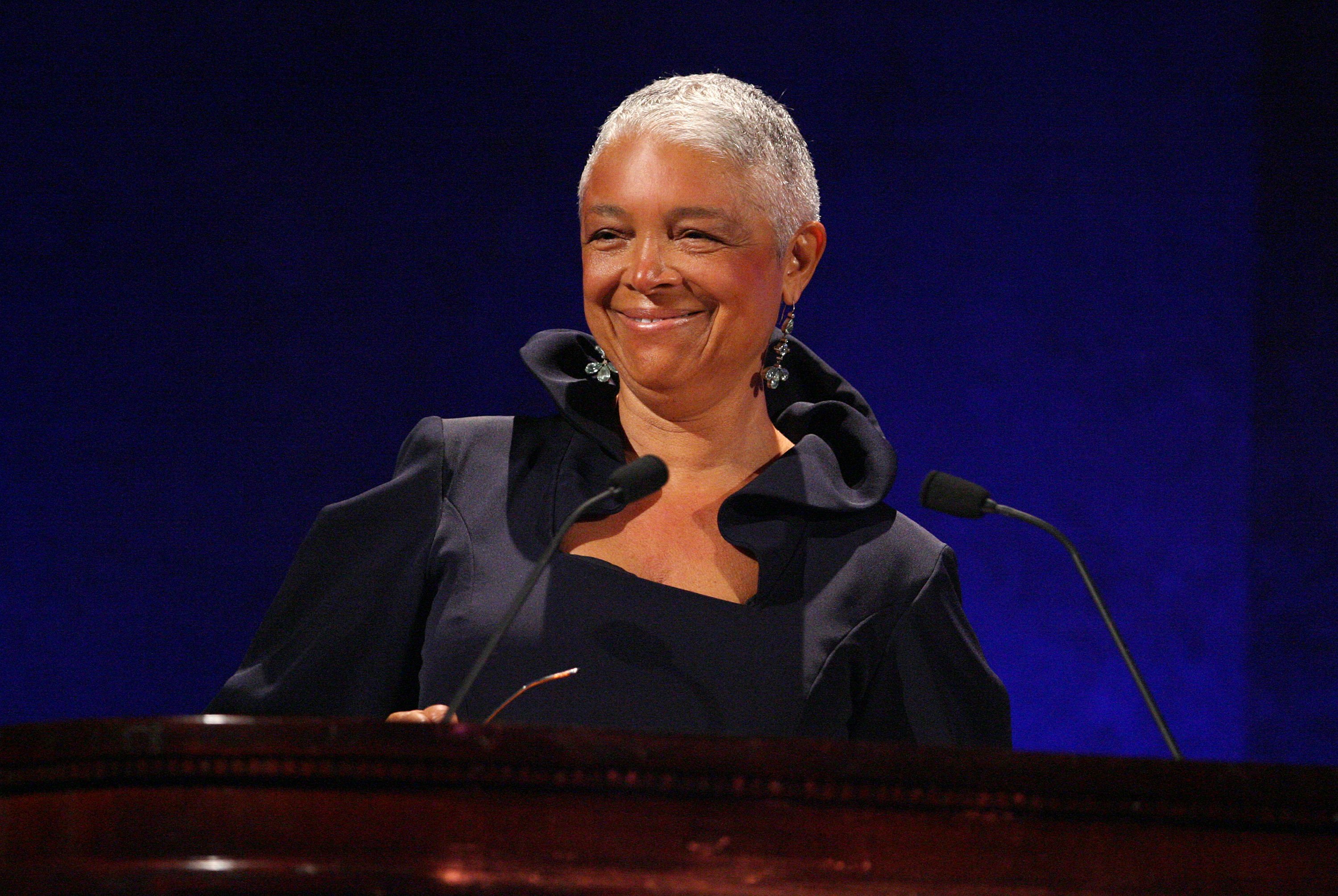  Dr. Camille Cosby speaks on stage at the 35th Anniversary of the Jackie Robinson Foundation hosted by Bill Cosby at the Waldorf Astoria hotel on March 3, 2008, in New York City. | Source: Getty Images.