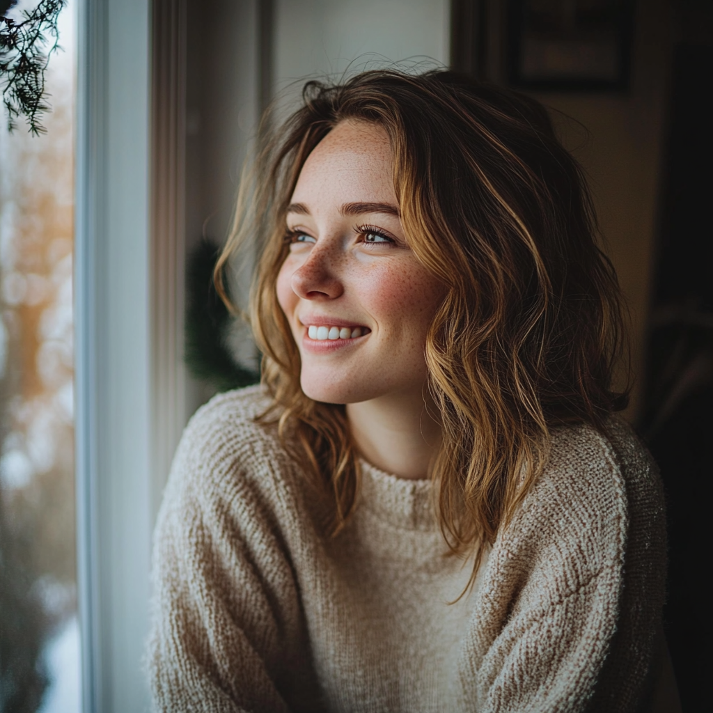 A woman smiles while looking out the window | Source: Midjourney