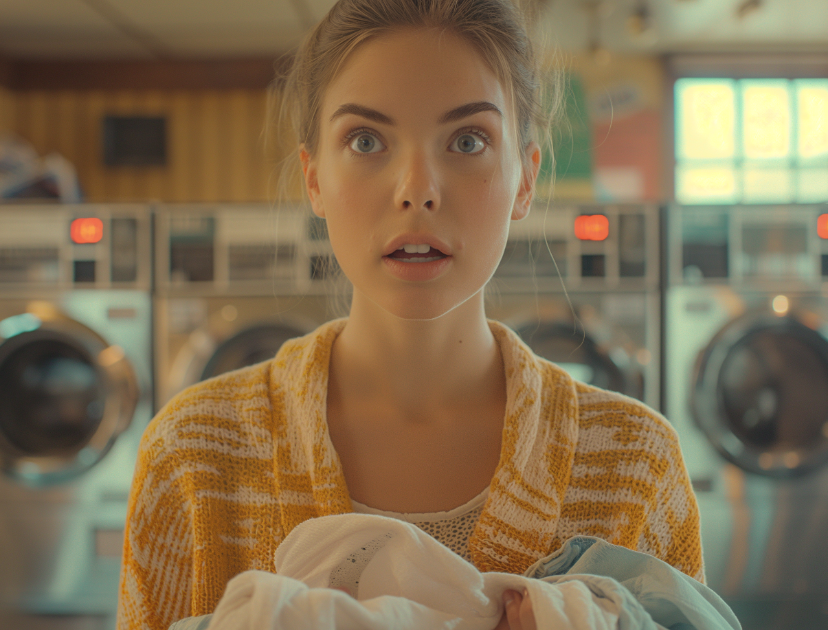 A shocked woman holding clothes | Source: Midjourney