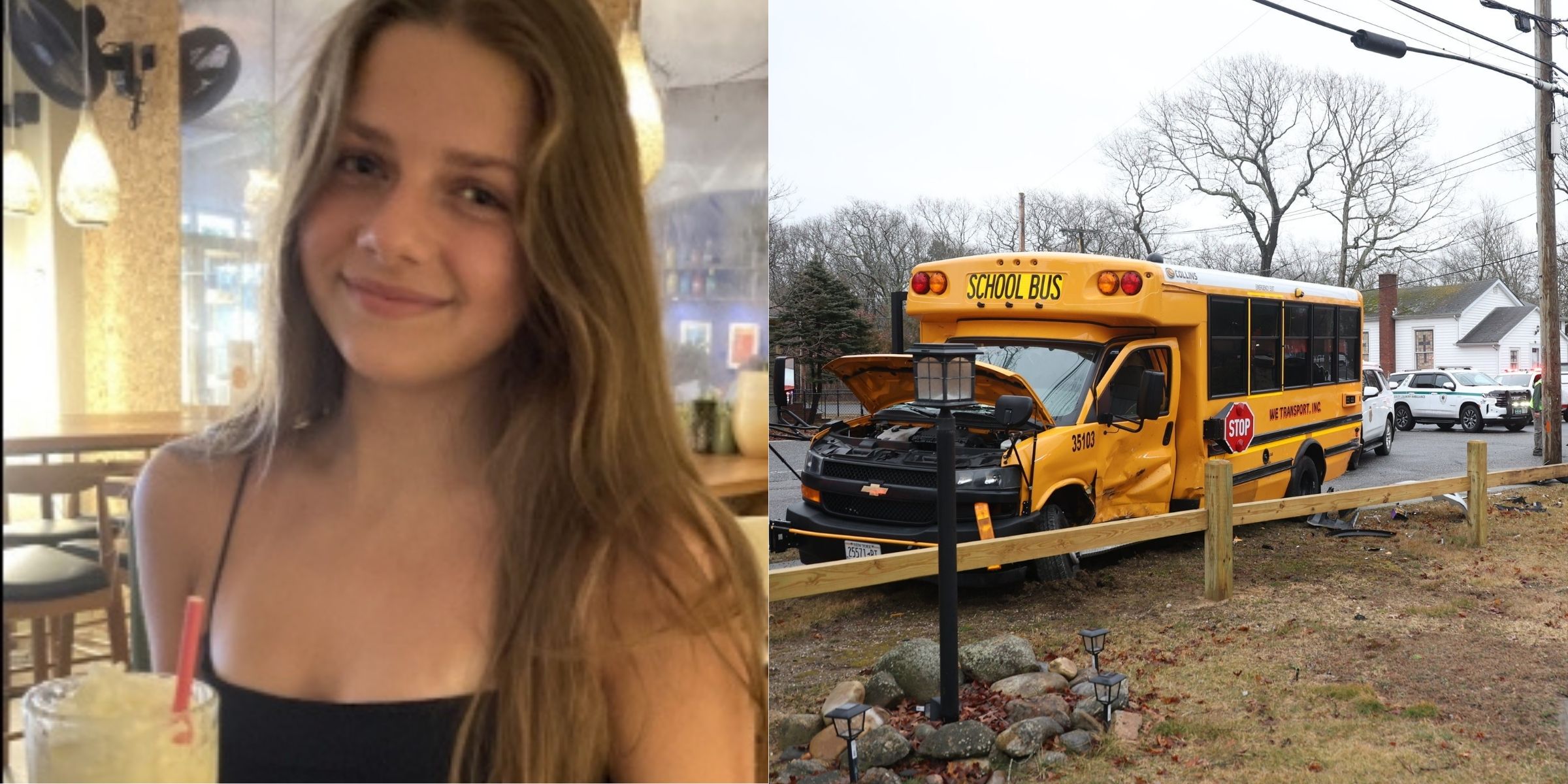 Ellie Hague | A damaged school bus | Source: Facebook/North Yorkshire Police | Getty Images