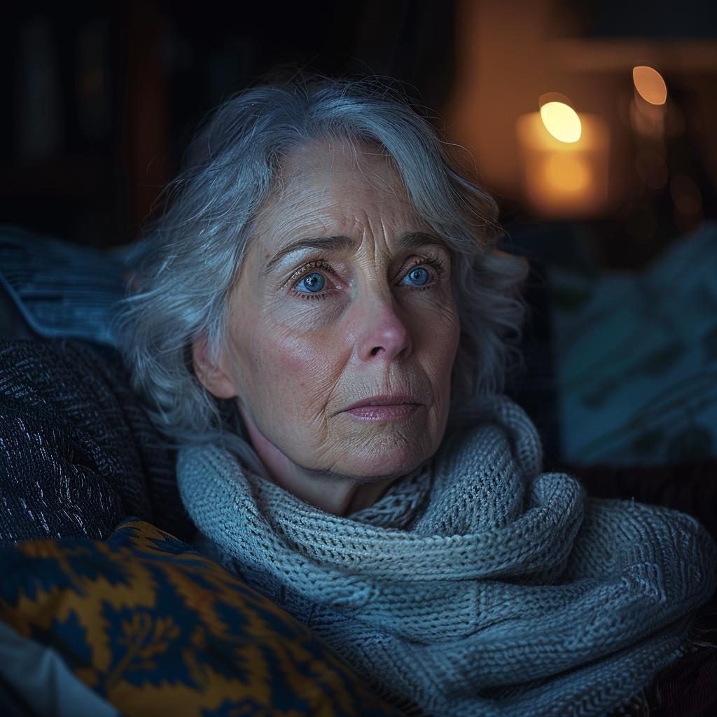 A concerned and worried older woman sitting on a couch | Source: Midjourney