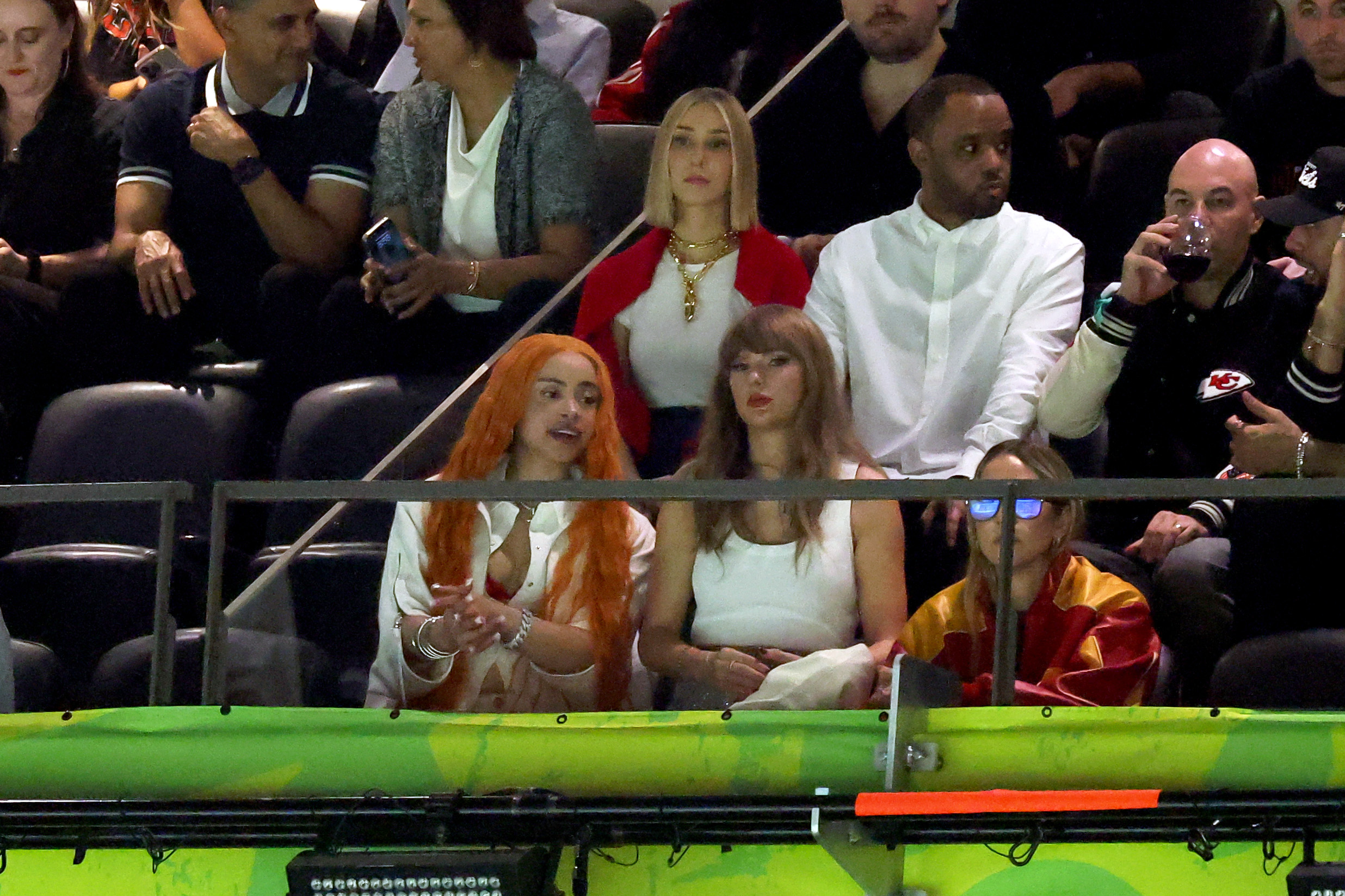 (L-R) Ice Spice, Ashley Avignone, and Taylor Swift at Super Bowl LIX on February 9, 2025, in New Orleans, Louisiana. | Source: Getty Images