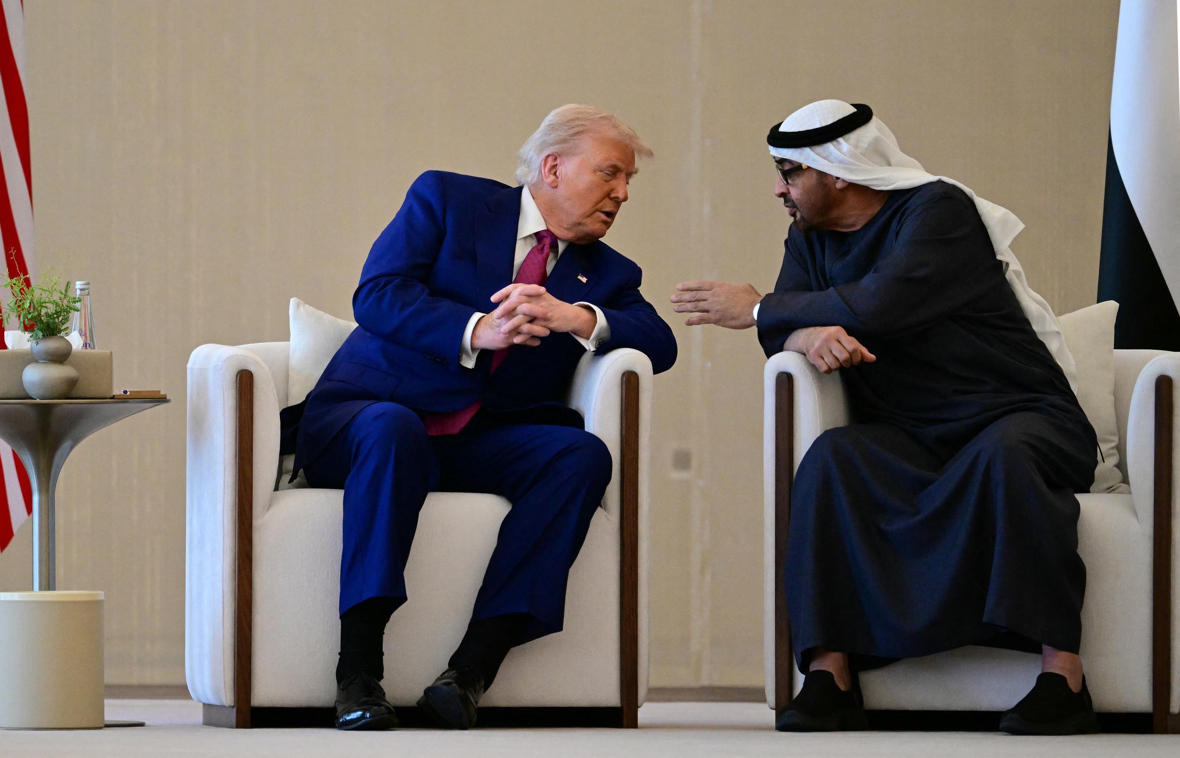 Donald Trump and UAE President Sheikh Mohamed bin Zayed Al Nahyan at the presidential terminal in Abu Dhabi on May 15, 2025. | Source: Getty Images
