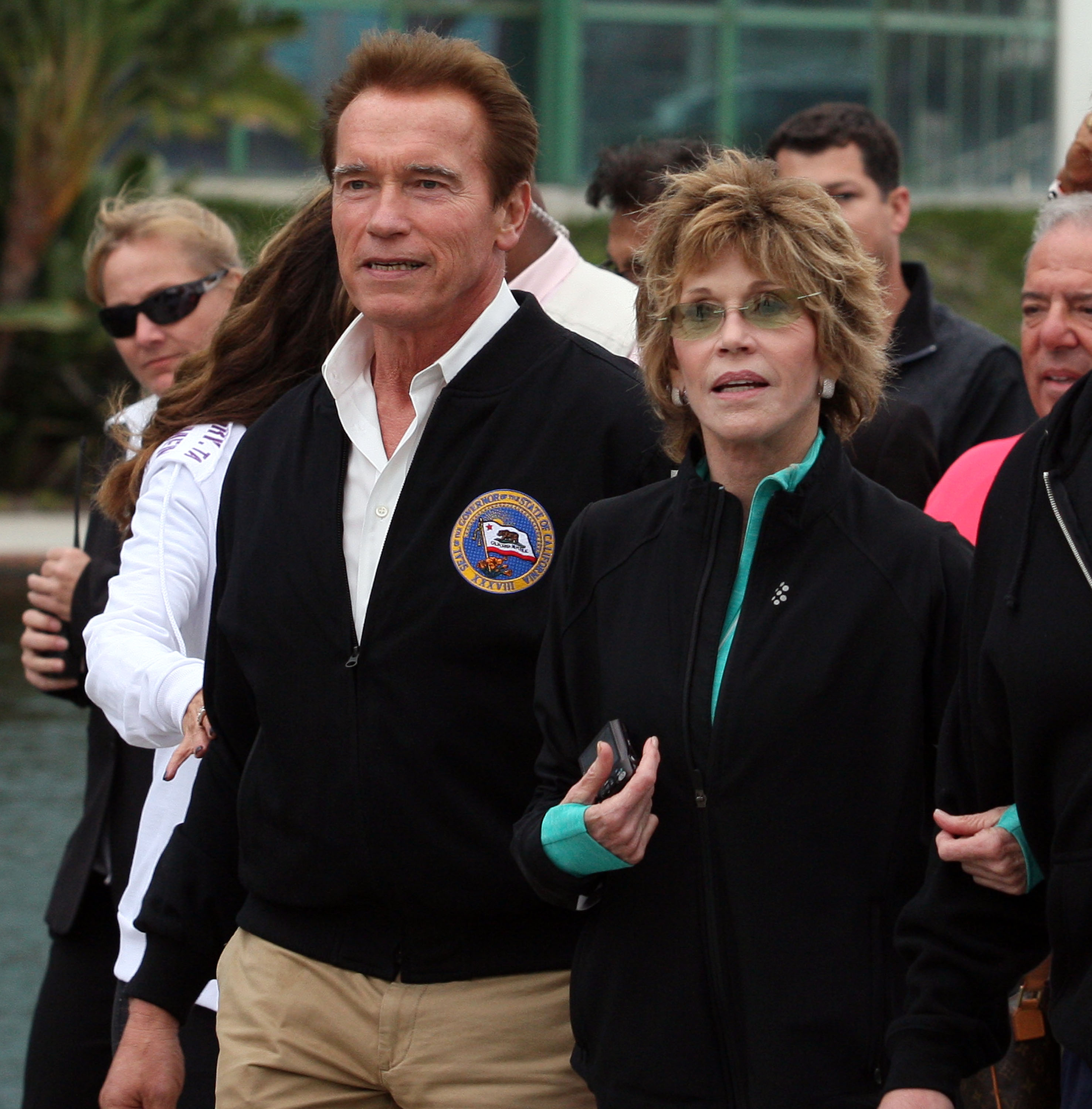 Arnold Schwarzenegger and actress Jane Fonda at the Long Beach Concention Center on October 24, 2010 in Long Beach, California | Source: Getty Images
