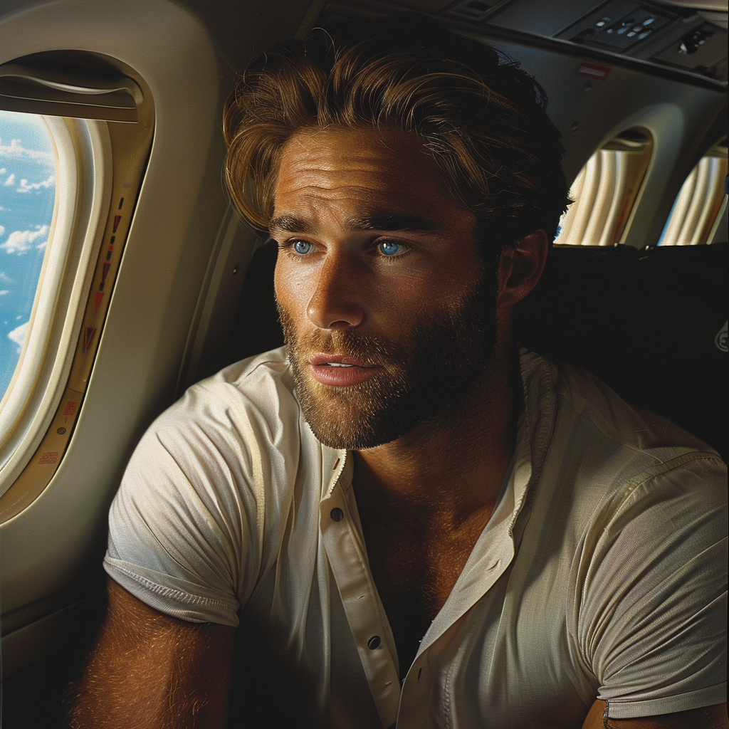 An angry young man sitting by an airplane window | Source: Midjourney