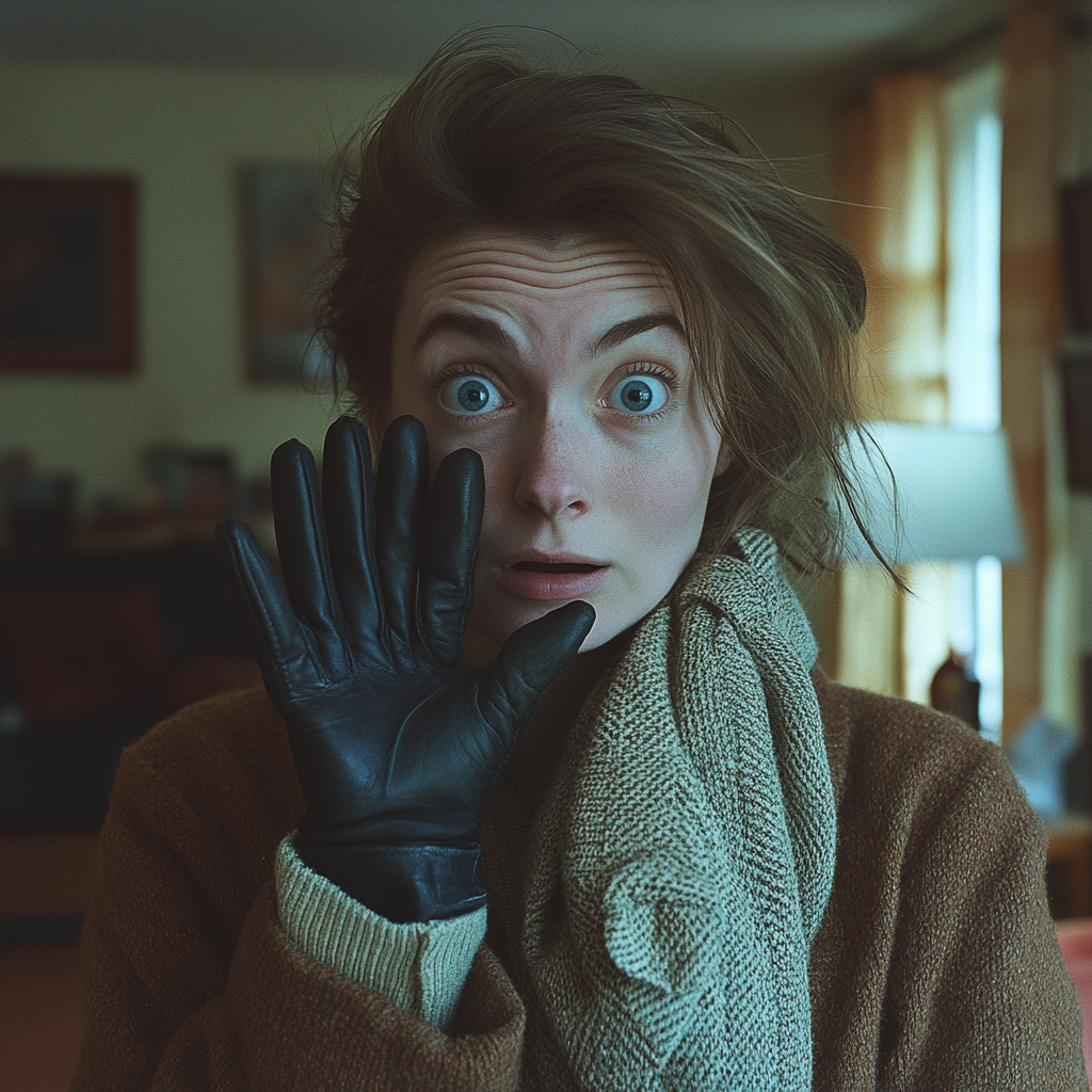 A shocked woman holding up a gloved hand | Source: Midjourney