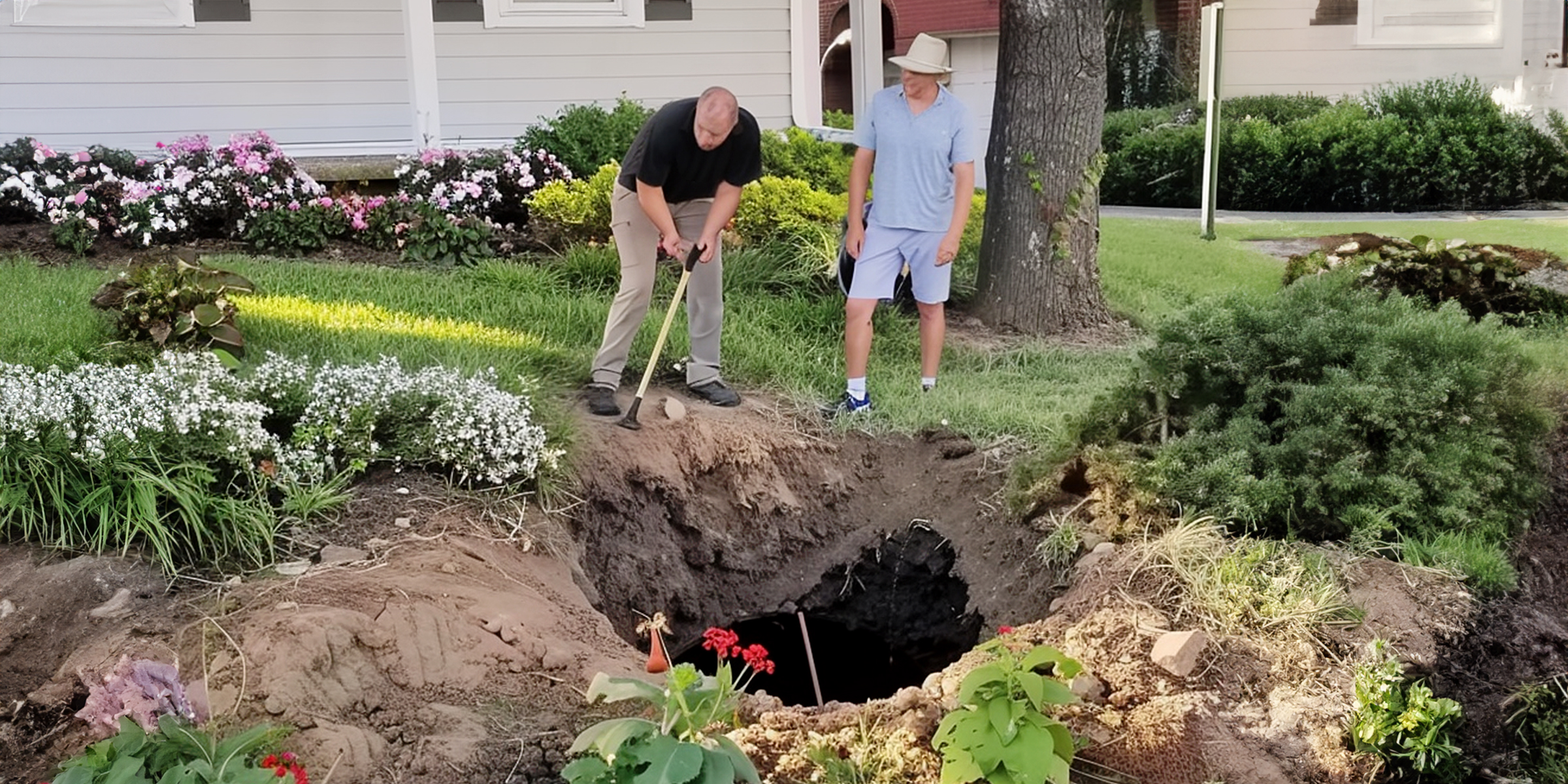 Two people digging a hole outside a house | Source: 