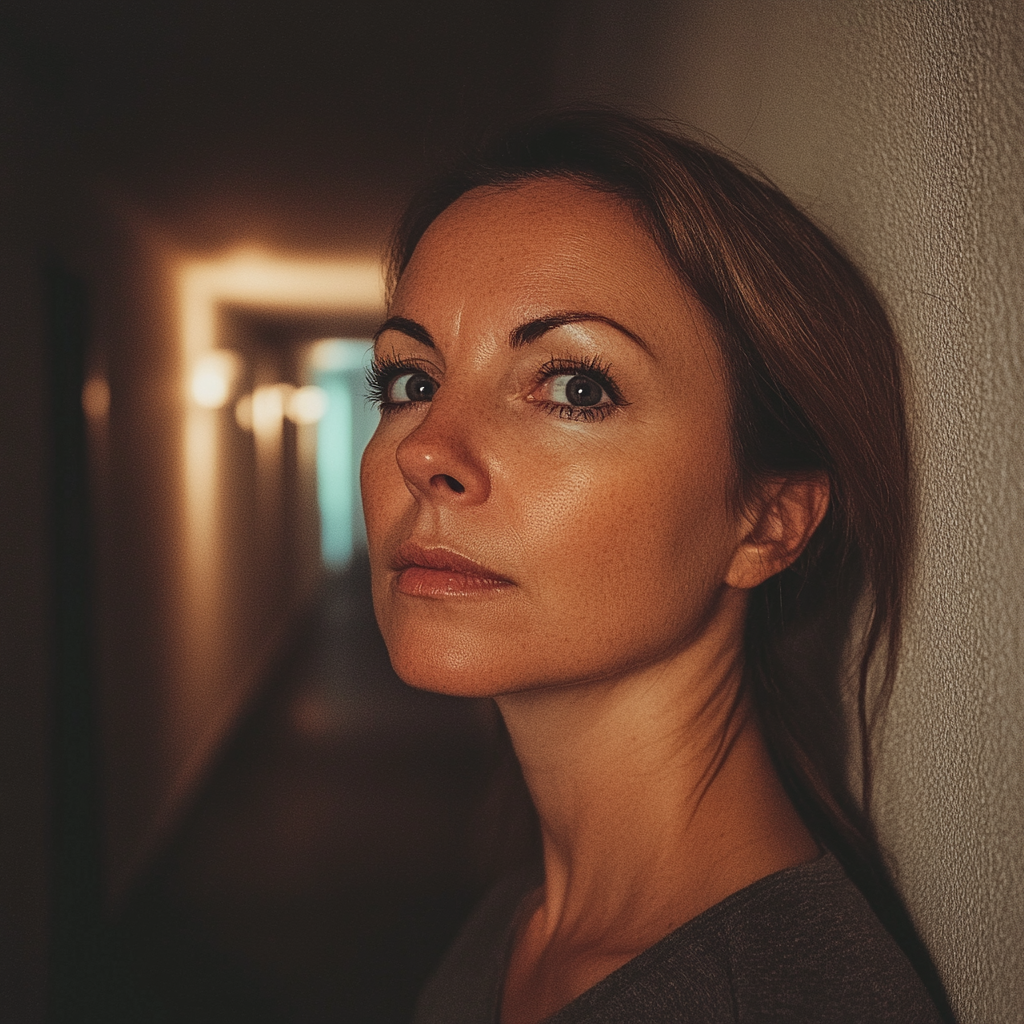 A woman listening in a hallway | Source: Midjourney